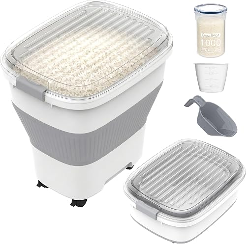 HOYTAMDAR 20-50Lbs Rice Container,Collapsible Food Storage Containers with Airtight Clear Lid,Wheels,Rice Storage Container with Small Bin and Scoop,Rice Dispenser for Flour Sugar Cereal Grain Dog Ca