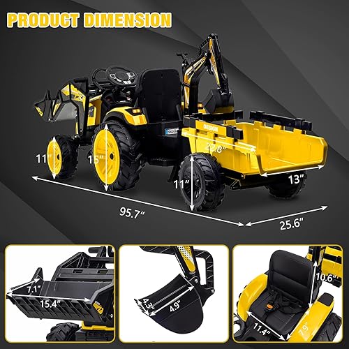 Miniatura 5 de GAOMON Tractor de paseo 3 en 1, excavato y bulldozer, vehículo eléctrico de 24 V con remolque, cucharón de pala, excavadora, control remoto,