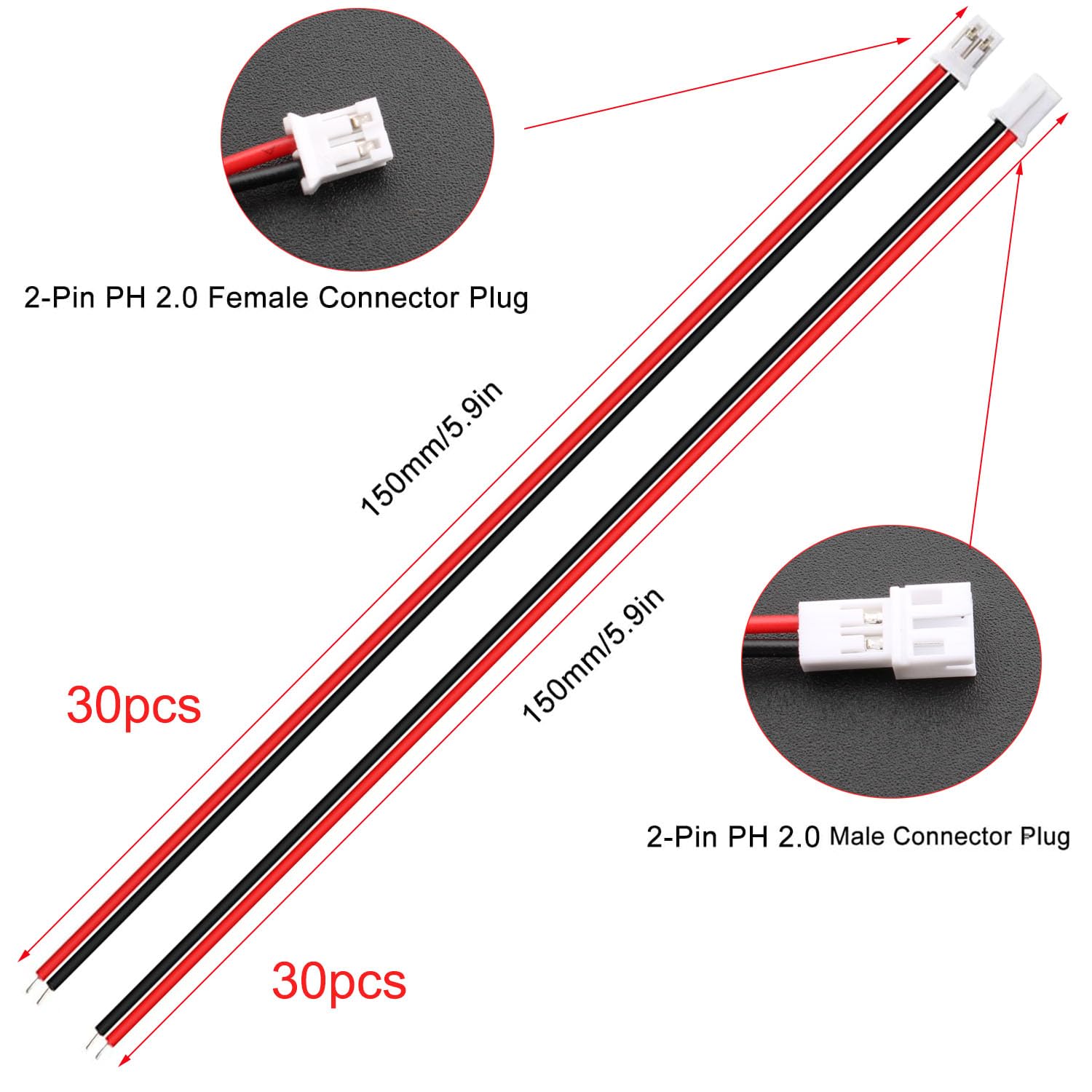60 sztuk (30 par) JST Mini JST 2.0 PH 2-pinowe złącze męskie i żeńskie z 150 mm 26AWG kabel, JST Micro elektryczne gniazdo wtykowe