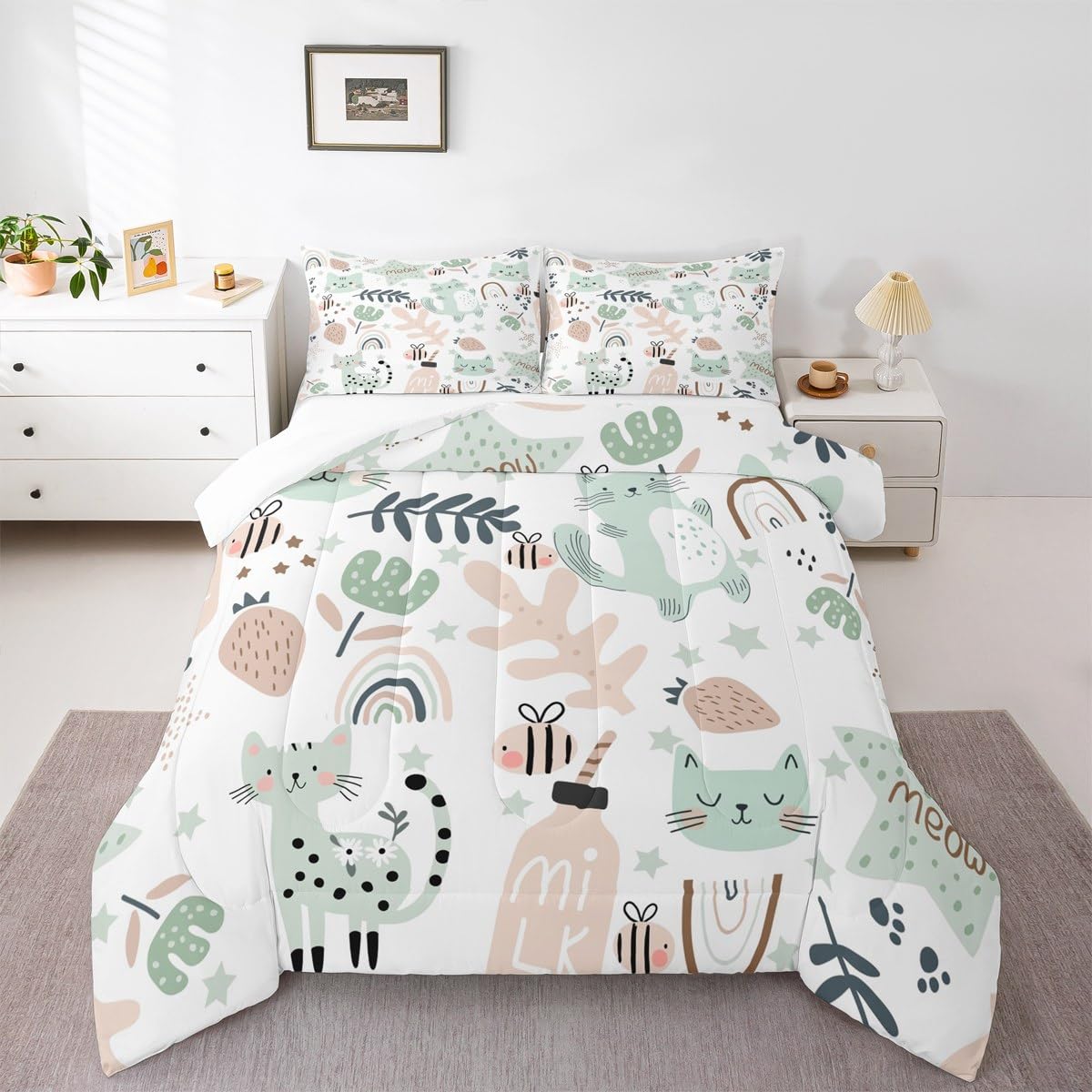 Feelyou Cartoon Rainbow Kitten Print Comforter Set - Toddler Size, Kawaii Pet Cats and Flowers Duvet Set