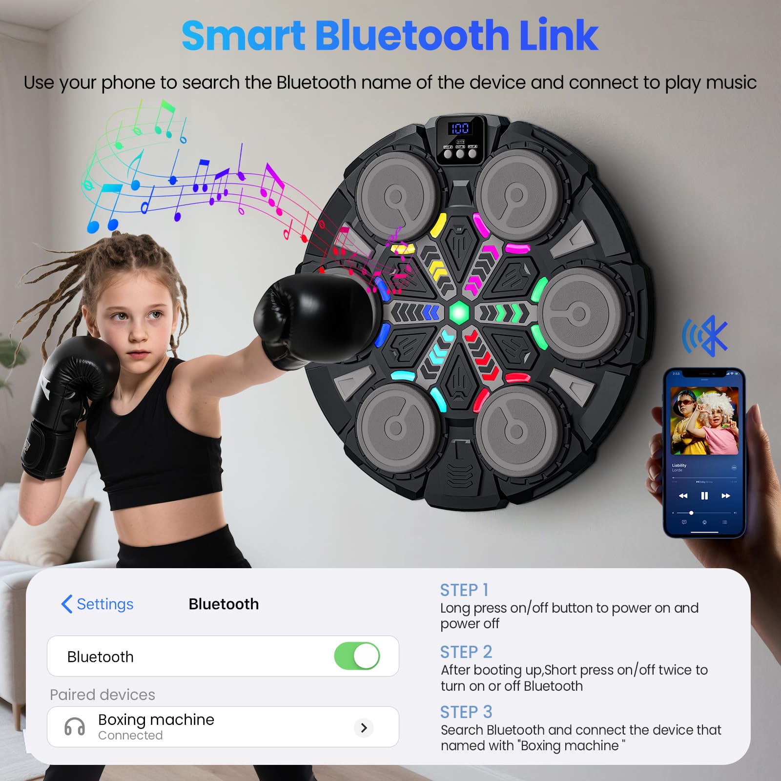Maquina de Boxeo Musical, 2025 Nuevo Boxeo Musical Pared con Guantes De Boxeo, Conexión Bluetooth, Luces LED Coloridas, Ajuste de 5 Velocidades, Múltiples Modos de Entrenamiento, Conteo Automático