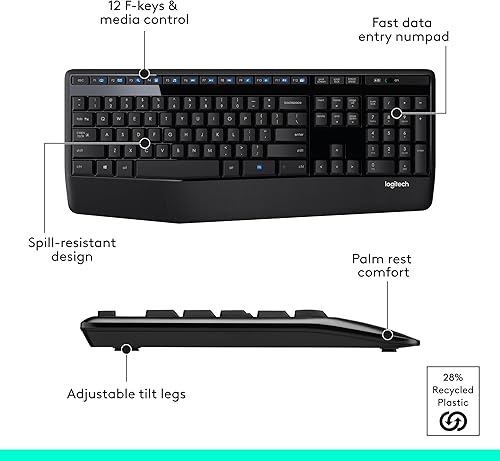 Miniatura 7 de Logitech MK345 Combo de teclado y ratón inalámbricos con reposamuñecas, receptor USB de 2.4 GHz, compatible con PC, laptop, negro