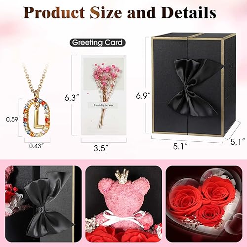 Miniatura 5 de Bonito regalo de oso de rosas reales preservadas con collares iniciales chapados en oro de 18 quilates para mujeres, día de la madre, cumpleaños,