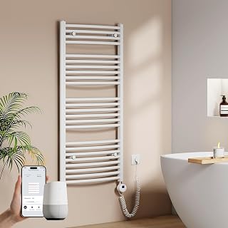 EMKE WiFi Badheizkörper Elektrisch 1200x600 mm - Gebogen Handtuchheizkörper Elektrisch, Elektrischer Handtuchwärmer Handtuchtrockner mit Thermostat und Heizstab - 600W, Weiß