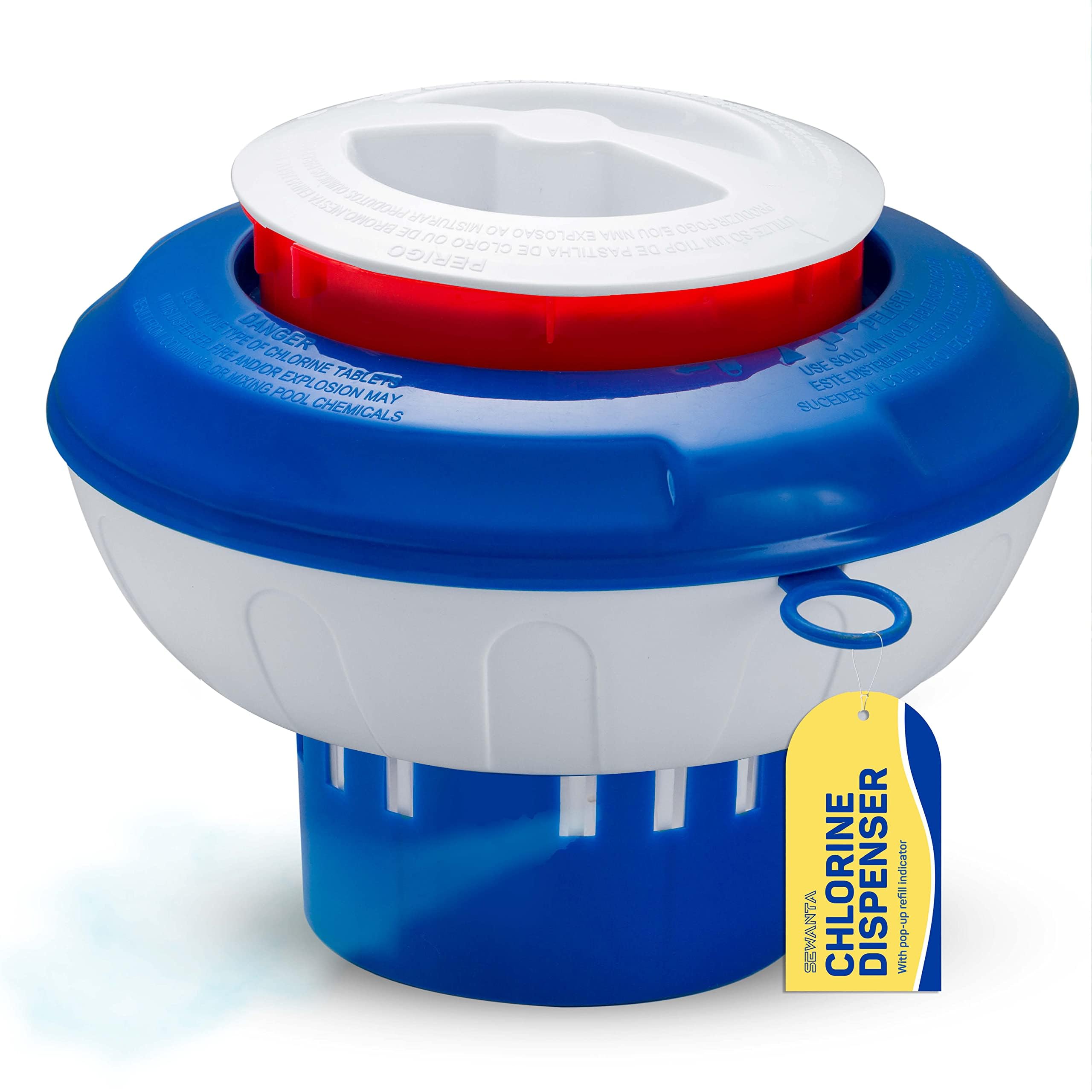 Floating Chlorine Dispenser for Pools with Pop-up Indicator, Fits 1-3-4” Tablets - Pool Chlorine Floater with Adjustable Flow Vents Balanced Chemical Dispenser [4 Tablet Cap] 9" Diameter