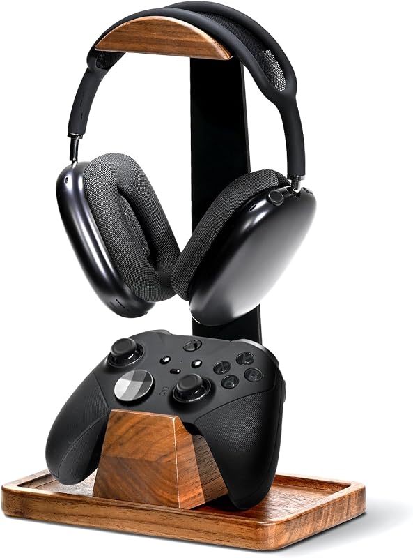 Soporte para auriculares de nogal UPERGO con soporte de controlador y base de almacenamiento | Grano de madera maciza, almacenamiento de engranajes y cargadores, regalo de jugador para controladores PS5 Xbox, accesorios de escritorio