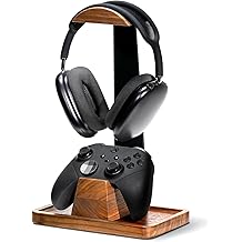 Soporte para auriculares UPERGO con soporte para controlador de juegos, soporte para auriculares de madera de nogal con base de almacenamiento, accesorios para equipos de juegos para escritorio
