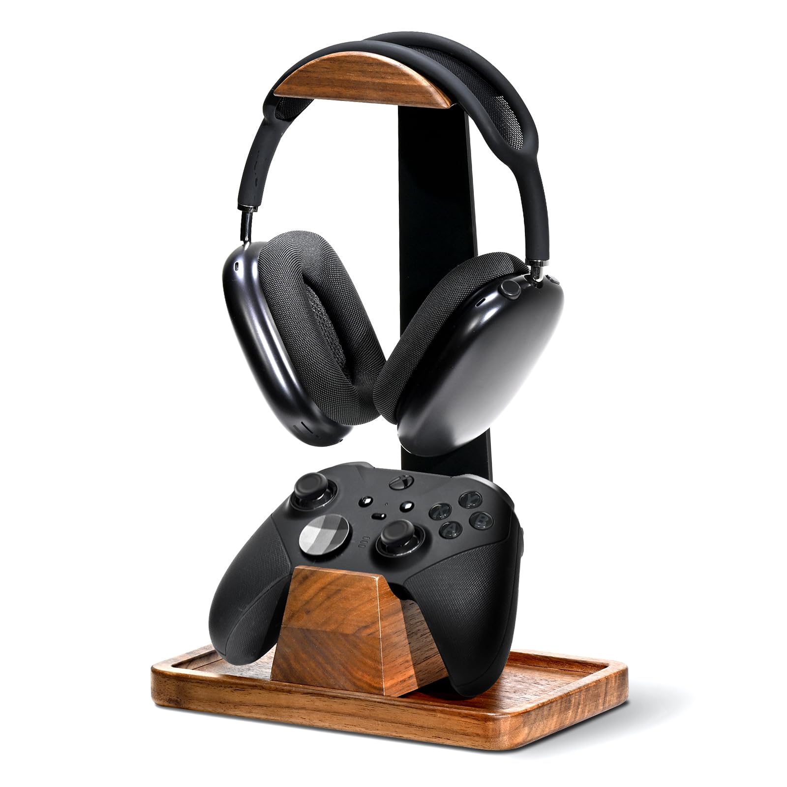 UPERGO Headset Stand with Gaming Controller Holder, Walnut Wood Headphone Stand with Storage Base, Gaming Equipment Accessories for Desk - 1