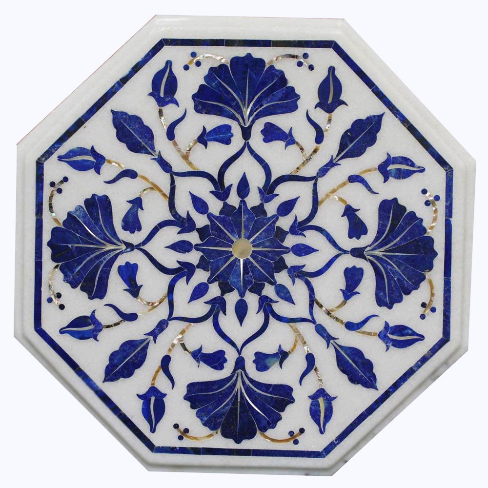 White Marble Inlay Pietra Dura Octagona Coffee Table Top 12" inch ~ Lapis Lauzi, Beautiful Designer Flowers Pietra Dura Inlay Art Work Indoor Natural, HandmadeMade From One Stone Marble For Home Decor