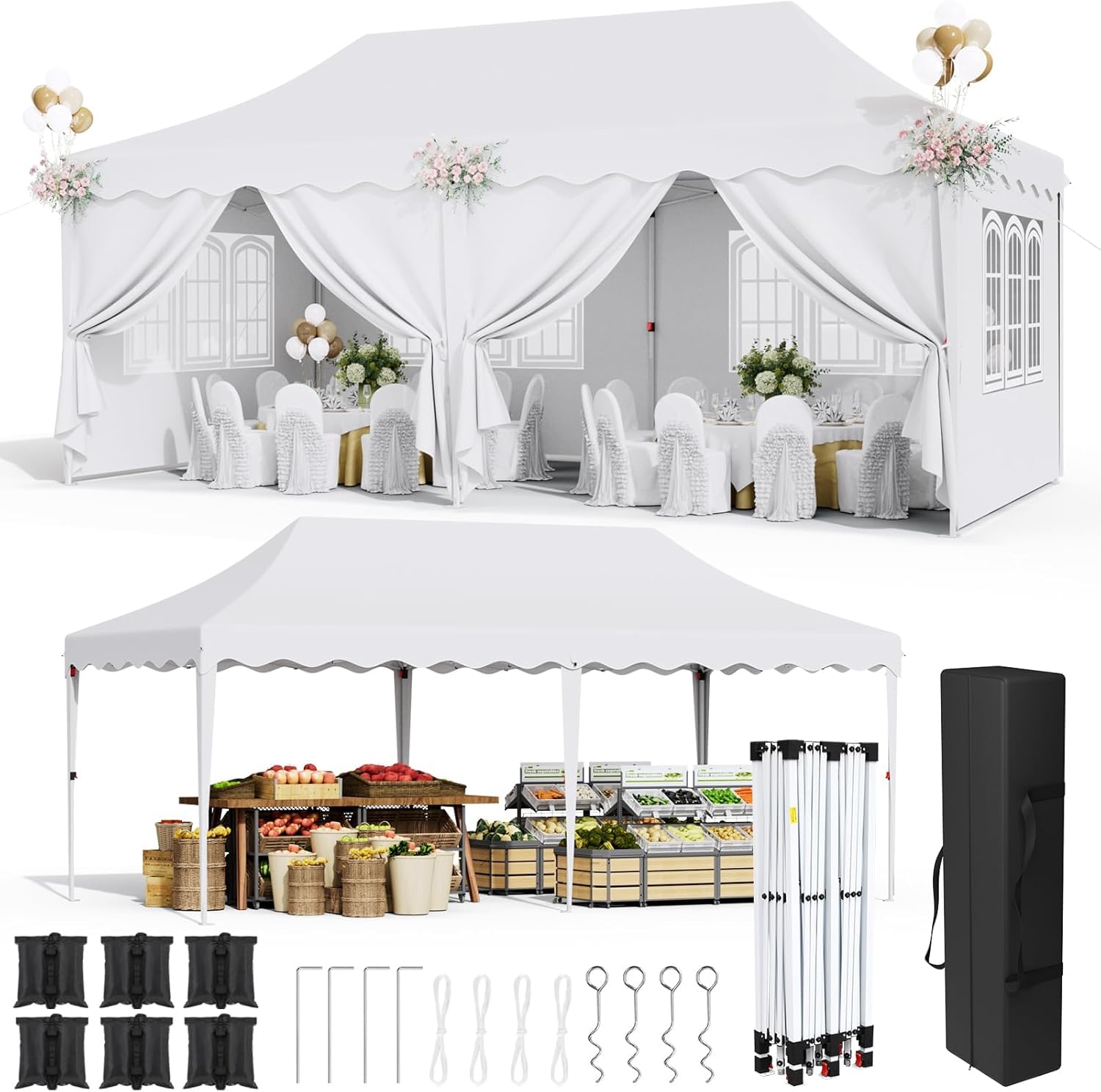 Pavillon 3x6, 290-300-310CM Hoch, Faltpavillon 3x6 Wasserdicht Stabil, UV Schutz 50+, Partyzelt mit 6 Seitenwänden, 12 Erdhaken 6 Seile und 6 Sandsäcke, Pavillon für Camping Hochzeiten Markt, Weiß