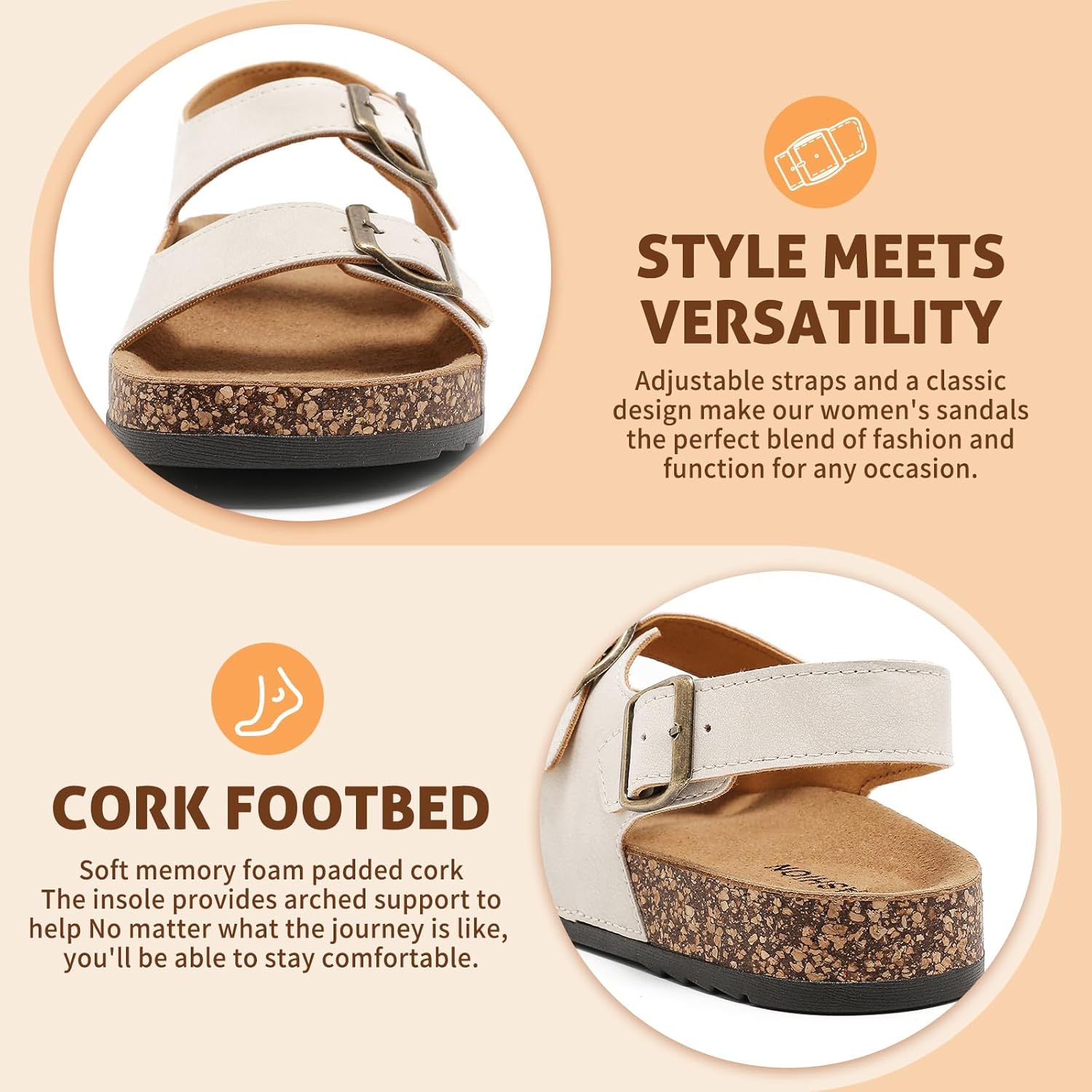 Sandals For Women With Soft Cork Footbed, Mens Slip On Clog Mules With Adjustable Double Buckle, Open Toe Flat Slide Shoes, Summer Outdoor Back Strap Slipper - Image 4