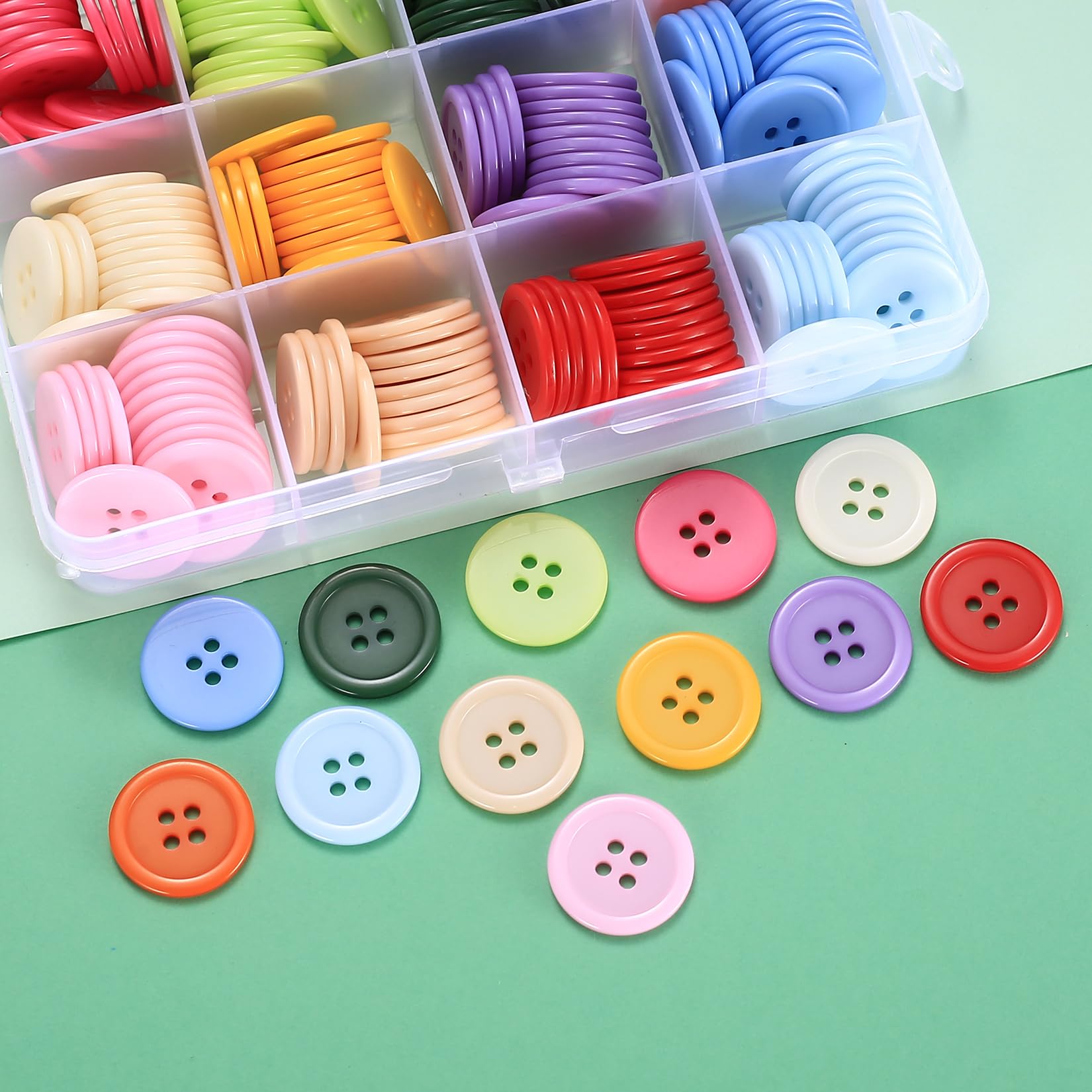 Confezione da 300 bottoni colorati per artigianato fai da te, 15 colori assortiti, bottoni rotondi in resina, per cucito, con retro piatto, con scatola, 4 fori, colori misti, bottoni manuali fai da