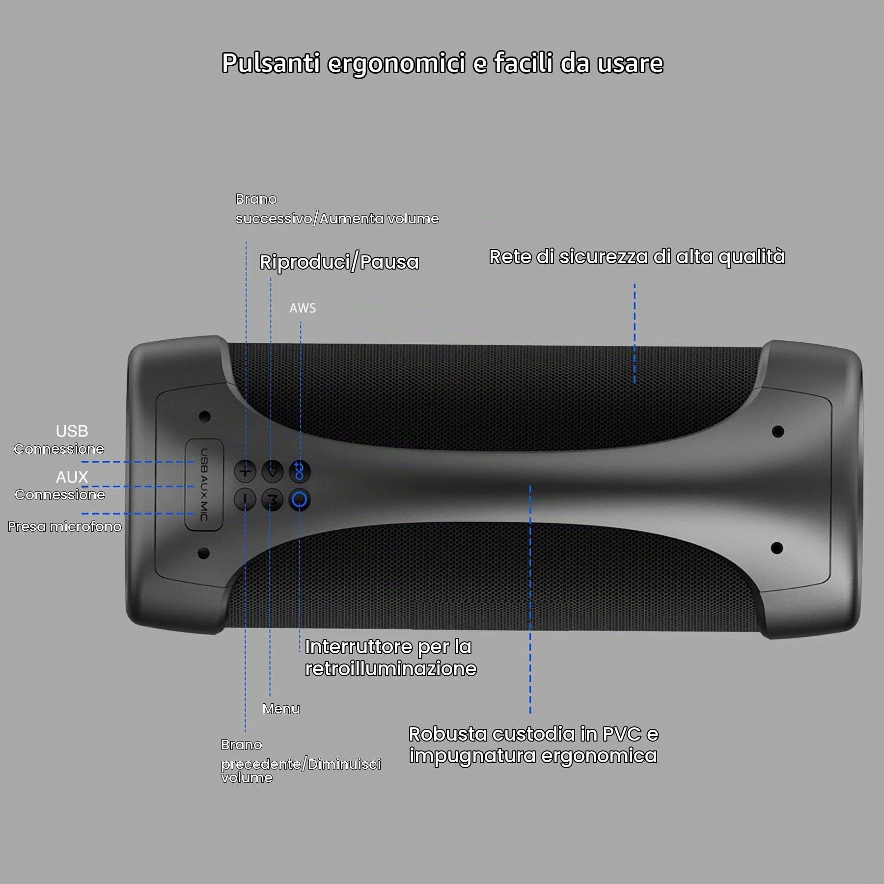 Akai Boombox Soundblaster Ghettoblaster Bluetooth altoparlante impermeabile IPX5, 50 W Bluetooth Box portatile senza fili Stereo Sound, LED Show, A2DP Bluetooth 5.0 Speaker per interni ed esterni e