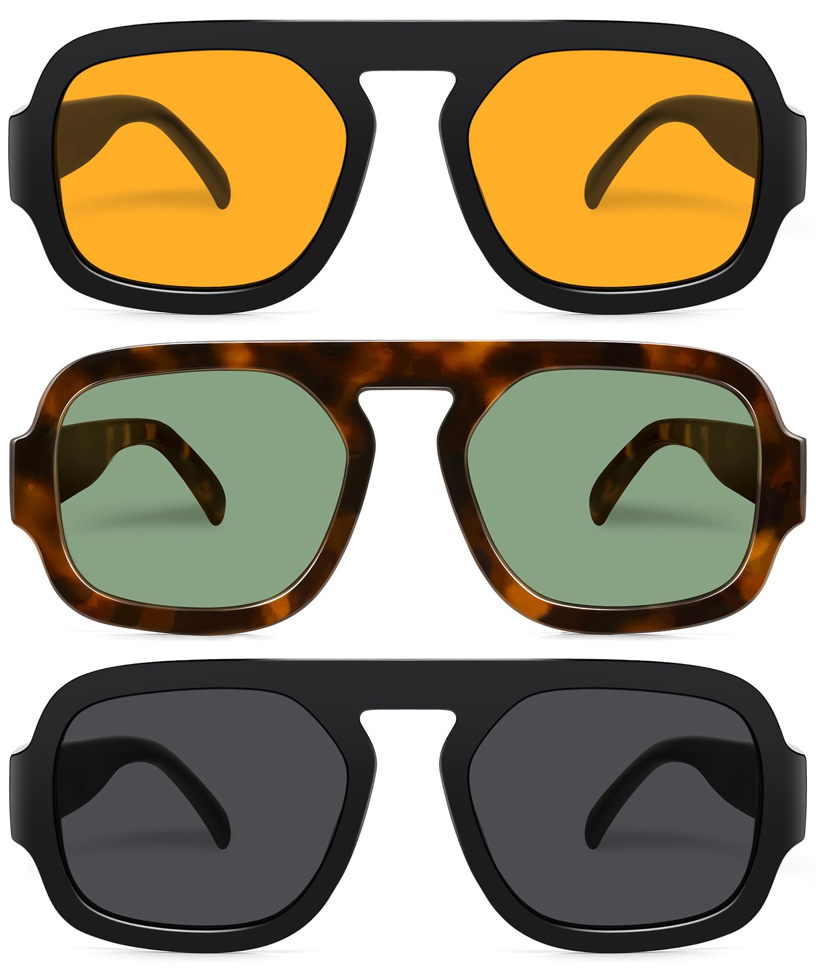 Retro Square Aviator Sunglasses for Women Men 70s Vintage style Shades Trendy Flat Top UV Protection Sun Glasses 3pack (Black/Gray+black/Orange+tortoise/G15) color/lenscolor