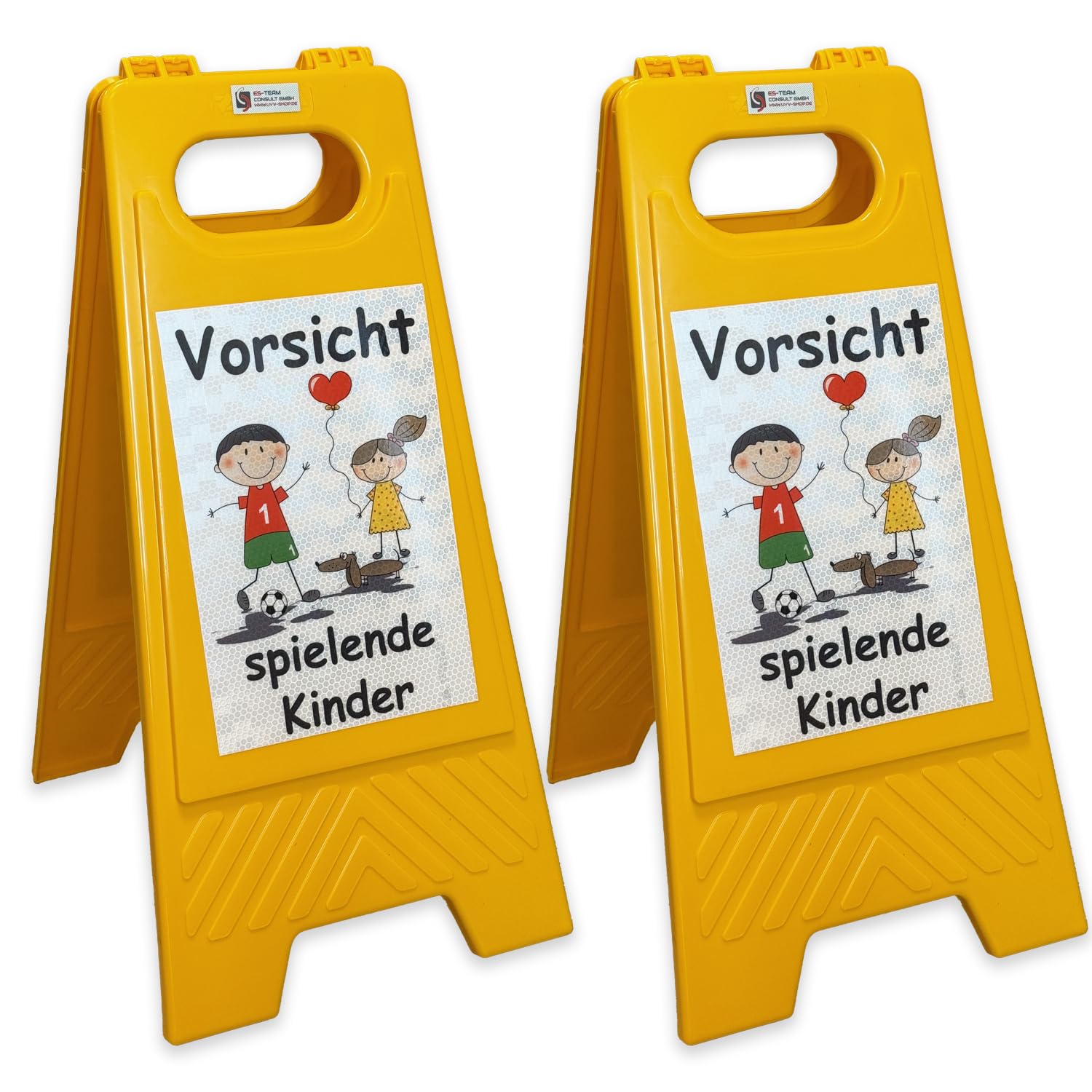 UvV Shop 2 Stück Warnschilder Achtung spielende Kinder Aufsteller, 60 x 27 cm Sicherheitsschild Vorsicht Kinder Schild mit Reflexfolie Klasse 2
