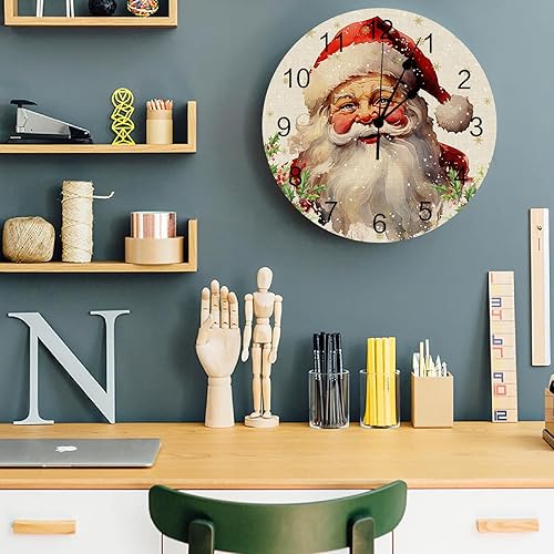 Miniatura 5 de LUSWEET Reloj de pared silencioso de PVC de 14 pulgadas, reloj colgante de Papá Noel con texto en inglés "Merry Christmas", sin tictac, funciona con