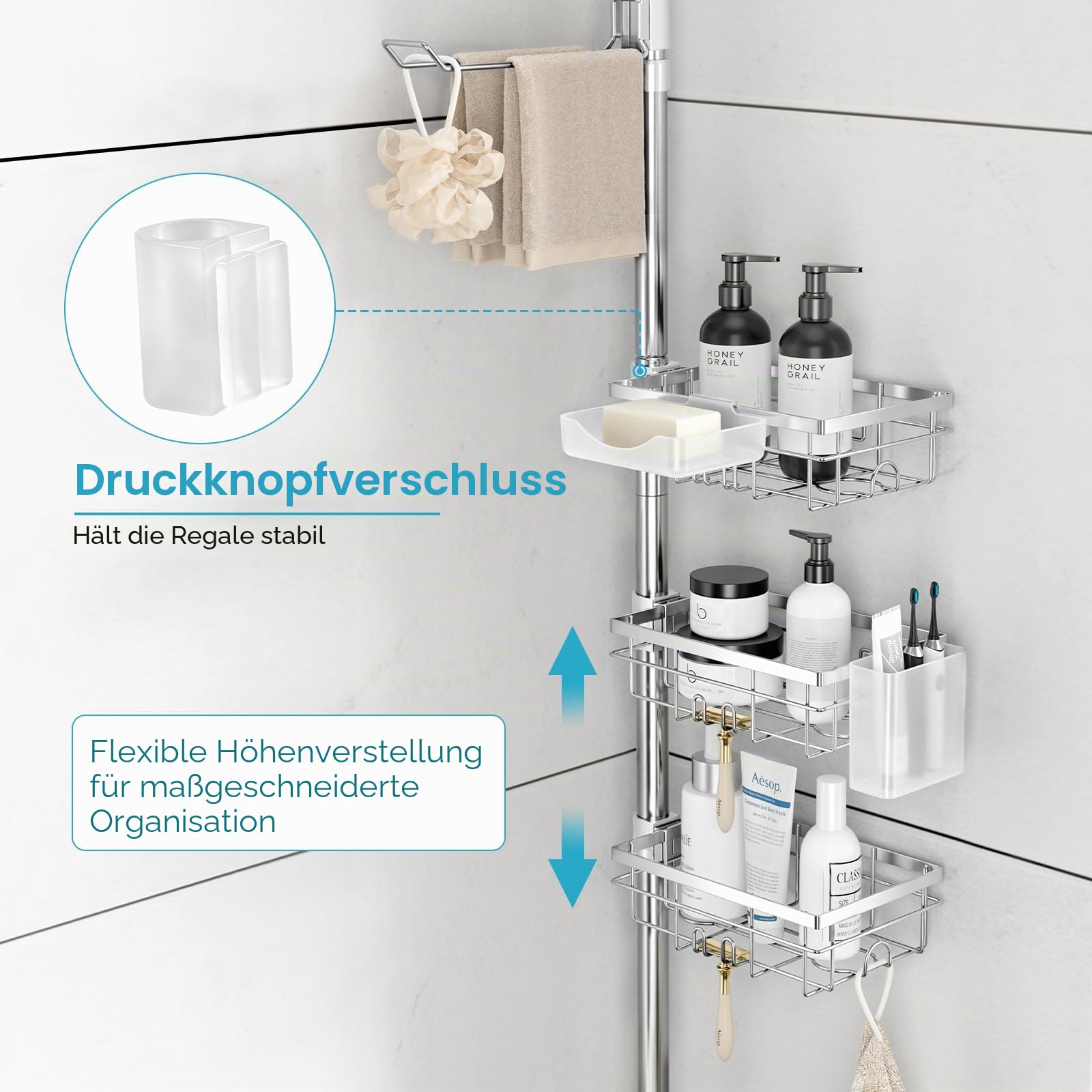 EXLECO Teleskop Duschregal mit 6 Duschkorb, Ohne Bohren, 78-308cm, Silber | Teleskopregal Bad verstellbar, Duschablage Teleskopstange, Badezimmer Regal Ecke mit Handtuchstange Bürstenhalter Seifendose