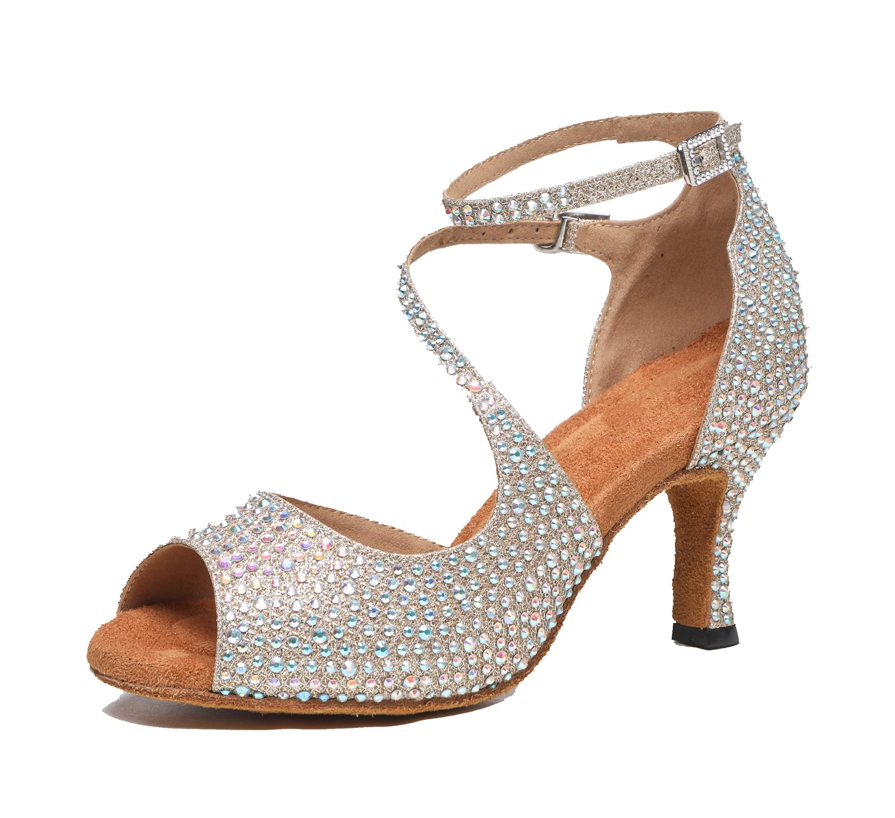 Minishion Ankle Strap Dance Shoes Sparkle Wedding Party Heels with Crystals L522 Gold US 8.5