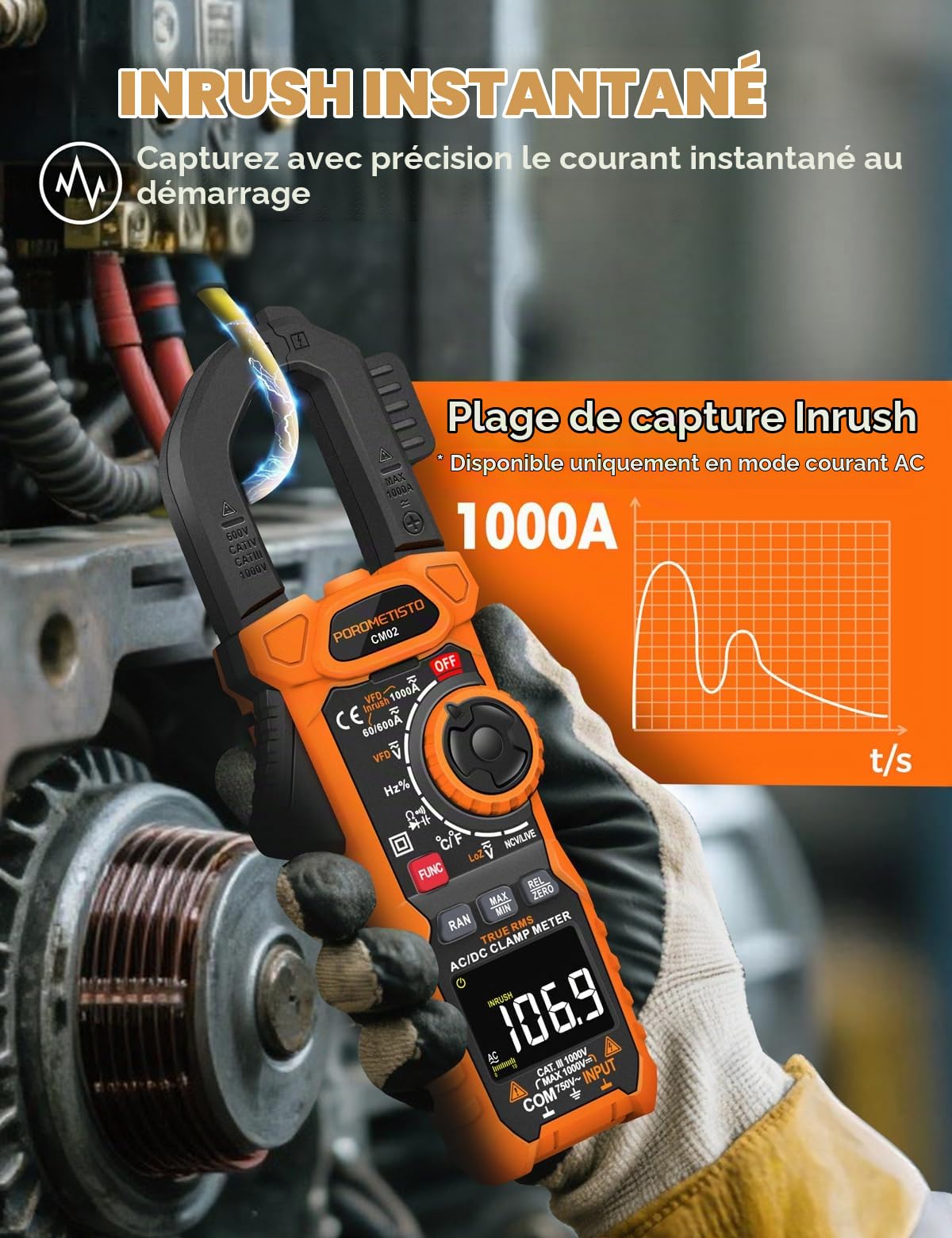 TRMS 6000 COUNTS Pince Ampèremétrique,POROMETISTO 1000A AC/DC CM02 | 1000V DC/750V AC,Mode VFD/LOZ,Multimetre Mesure AC/DC,Courant Tension,NCV,Fréquence,Température,Capacitance