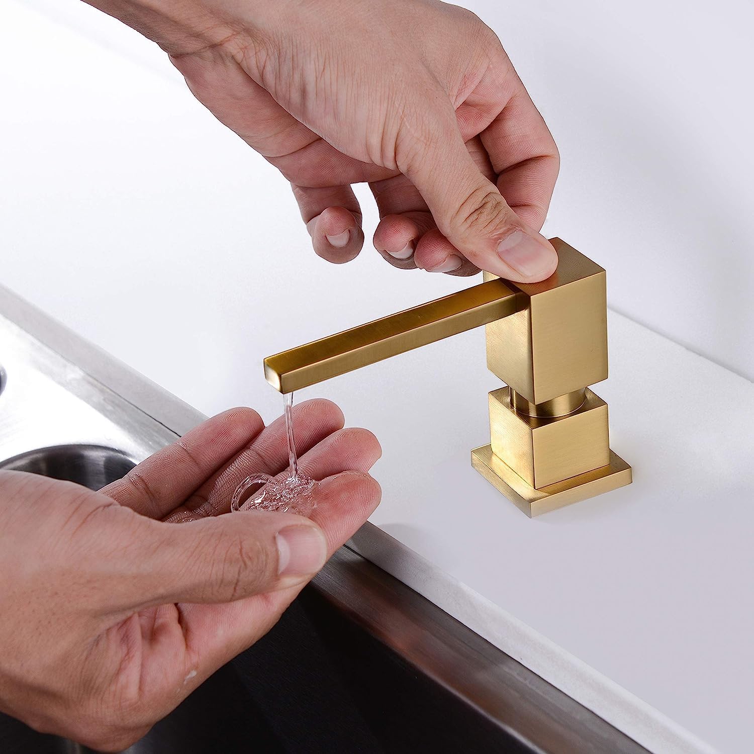 Soap Dispenser Brushed Gold Built in Sink Square Lotion Dispenser for Kitchen Sink, Brass Pump Head, with 17 Oz Bottle