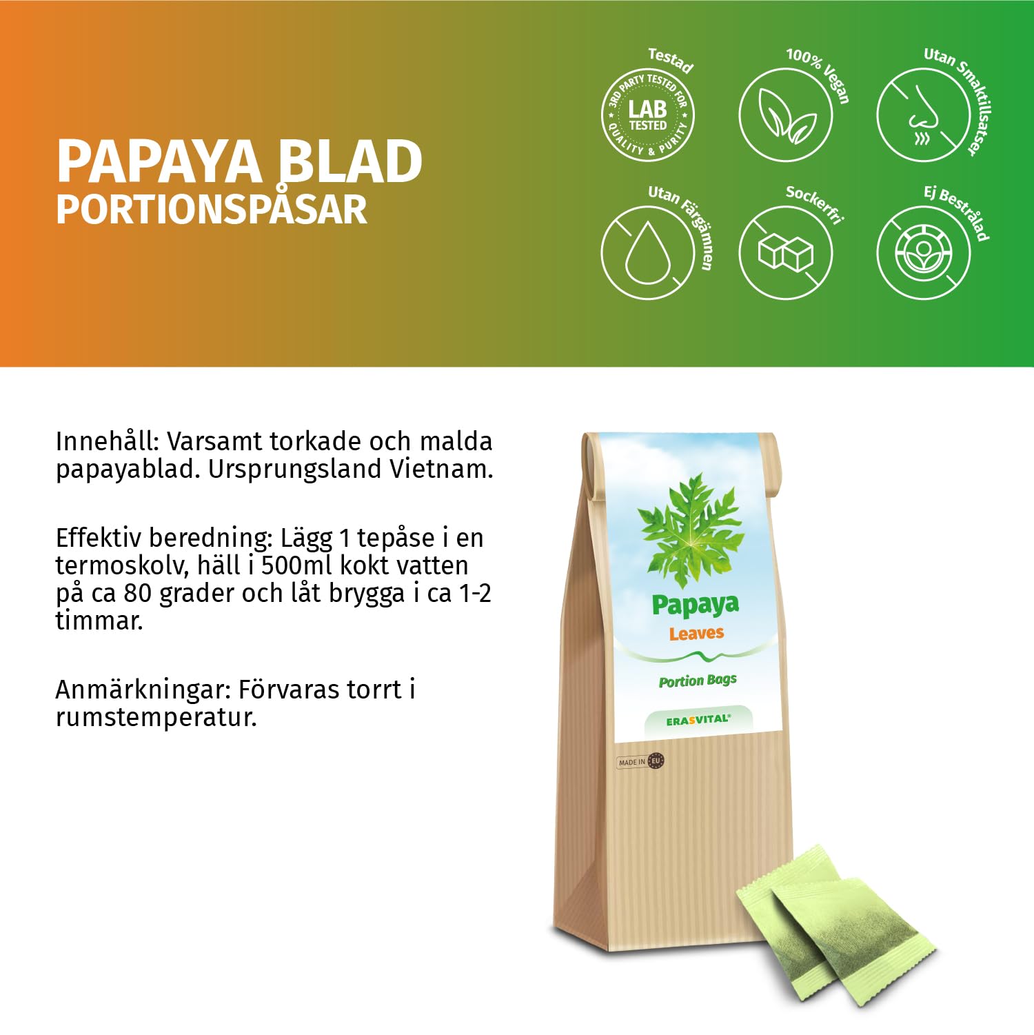 Papaya-Blätter und Papaya-Stängel gemahlen und portioniert im Filterbeutel ohne weitere Zusatzstoffe in Portionsbeutel (120 stück (1er Pack))