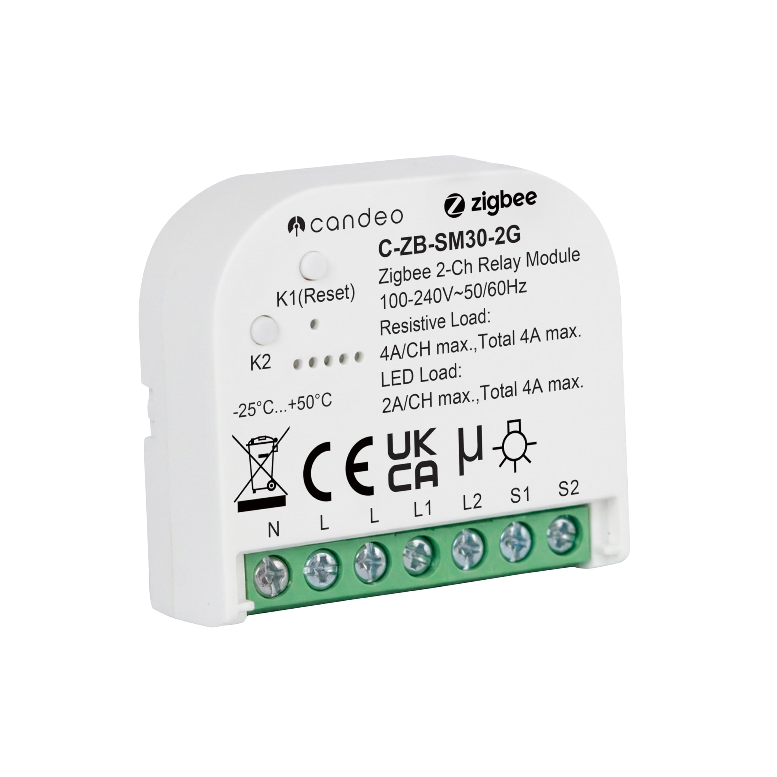 Candeo Zigbee 2-Gang Switch Module | Compatible with Home Assistant & SmartThings Home System | Dual-Channel Smart Remote Lighting Control | LED & Incandescent Bulbs | Retrofit | Monitor Energy Use