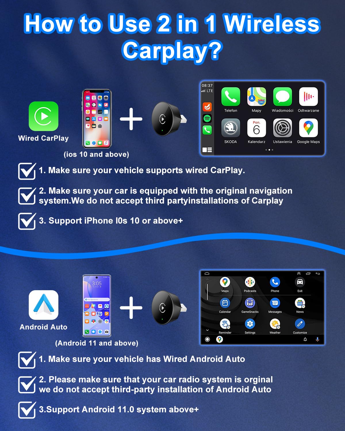 Mini bezprzewodowy adapter samochodowy do fabrycznie zainstalowanych systemów pojazdów, Plug & Play adapter USB C do pojazdów z przewodowym CarPlay/Android Auto (od 2016), WLAN BT 5.2, kompaktowa
