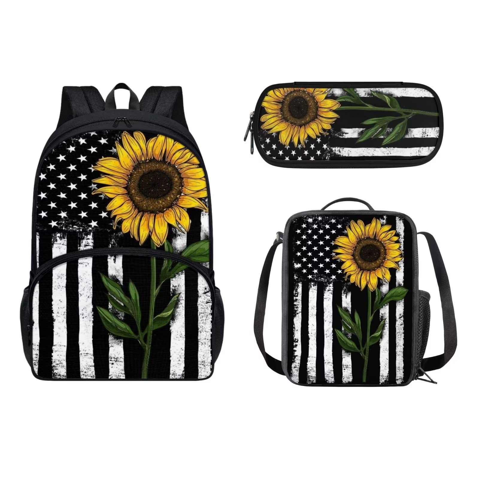POLERO Mochila escolar de caballos para niños, juego de bolsas de almuerzo, estuche para lápices, 3 piezas, bolsas escolares, Bandera de Estados Unidos Girasol, Talla única, Mochila infantil