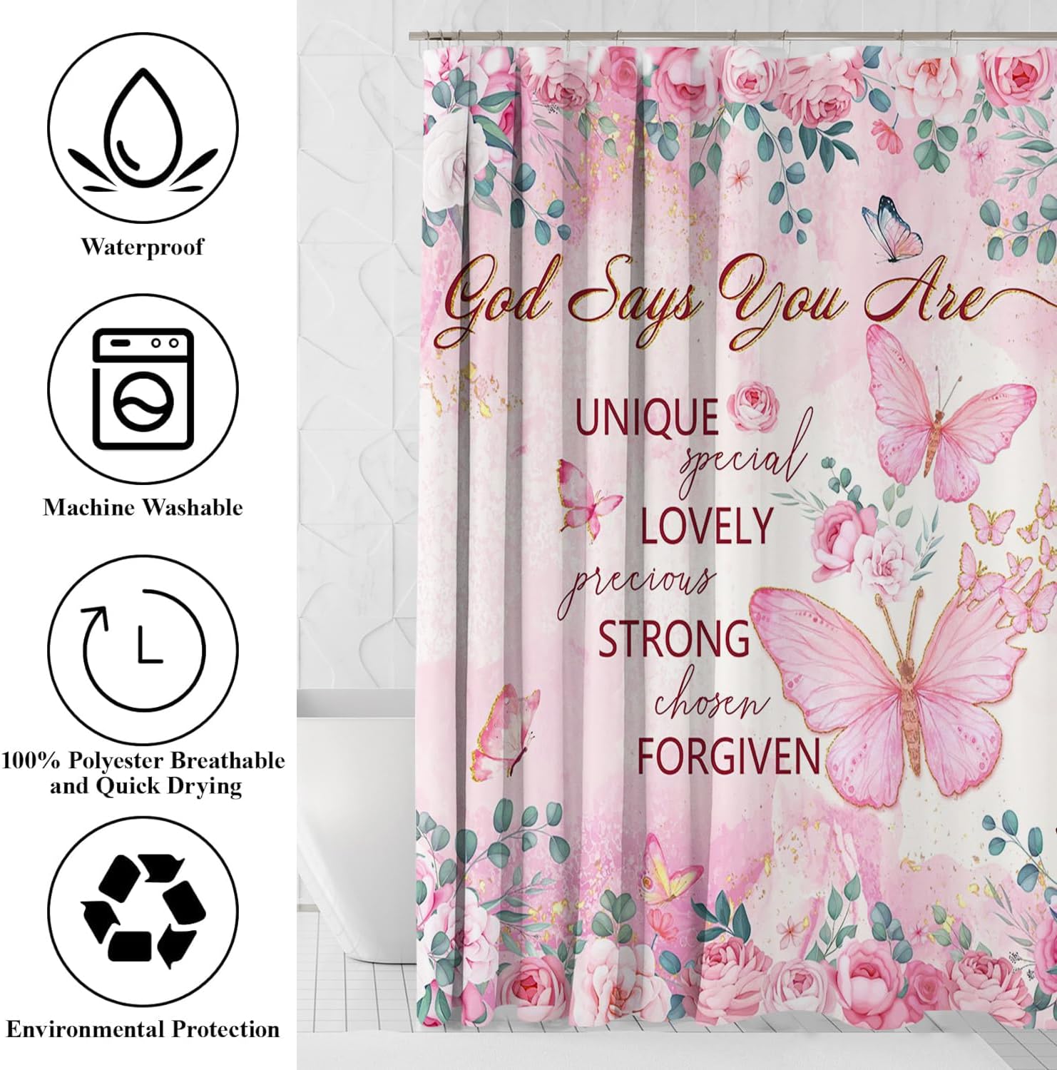 Mocsicka Pink Butterfly Shower Curtain Set for Bathroom, 4Pcs Butterfly Bathroom Sets with Non Slip Rugs, Toilet Lid Cover, Bath Mat, Shower Curtain, Bathroom Decor with 12 Hooks (Pink)
