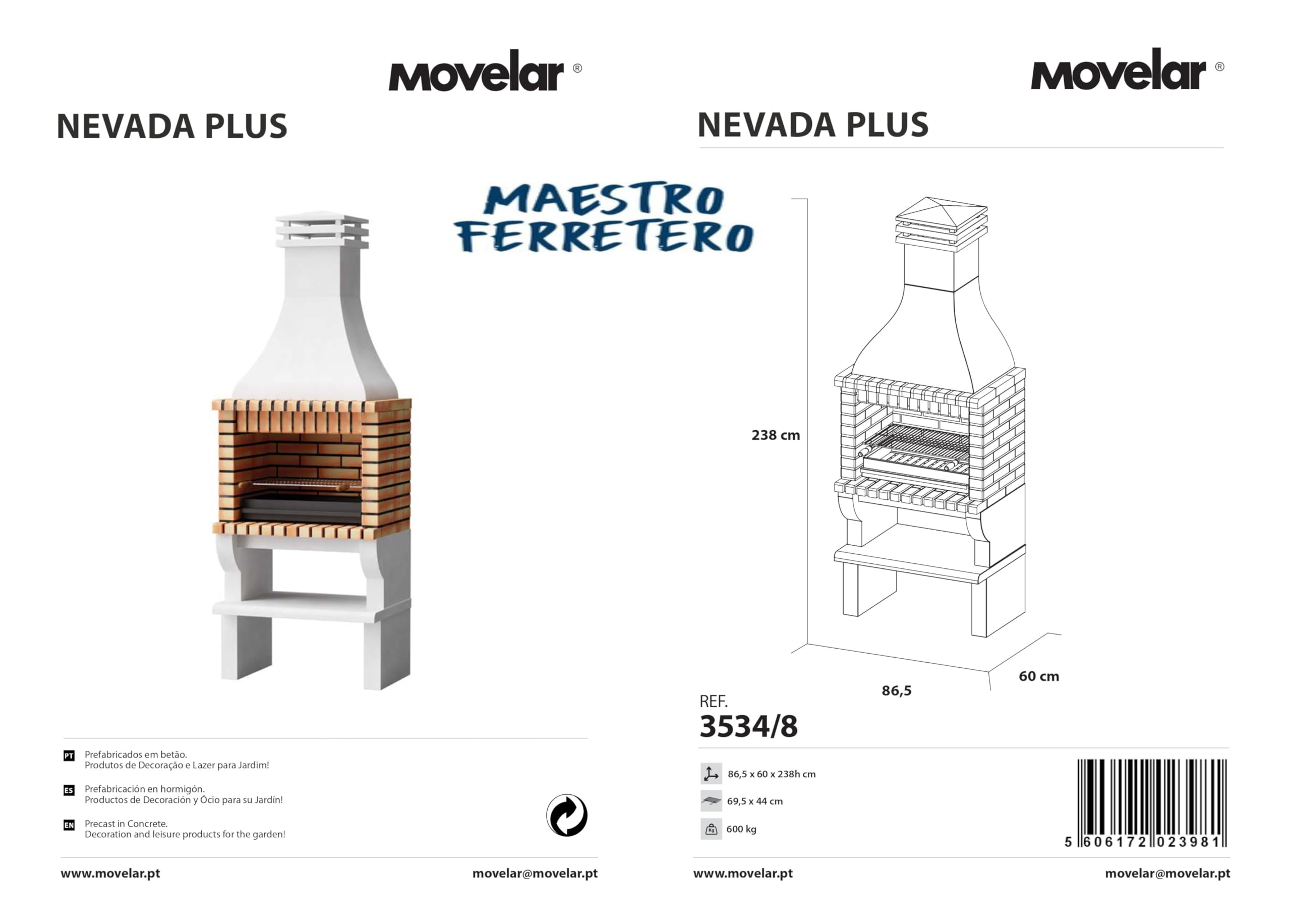 MOVELAR - Barbacoa de Obra Prefabricada de Leña y Carbón Modelo Nevada Plus XL (Gris, Naranja - 86,5 x 60 x 238 cm) REF: 3534/8 - Cocina de Exterior Compacta para Jardín, Terraza o Patio