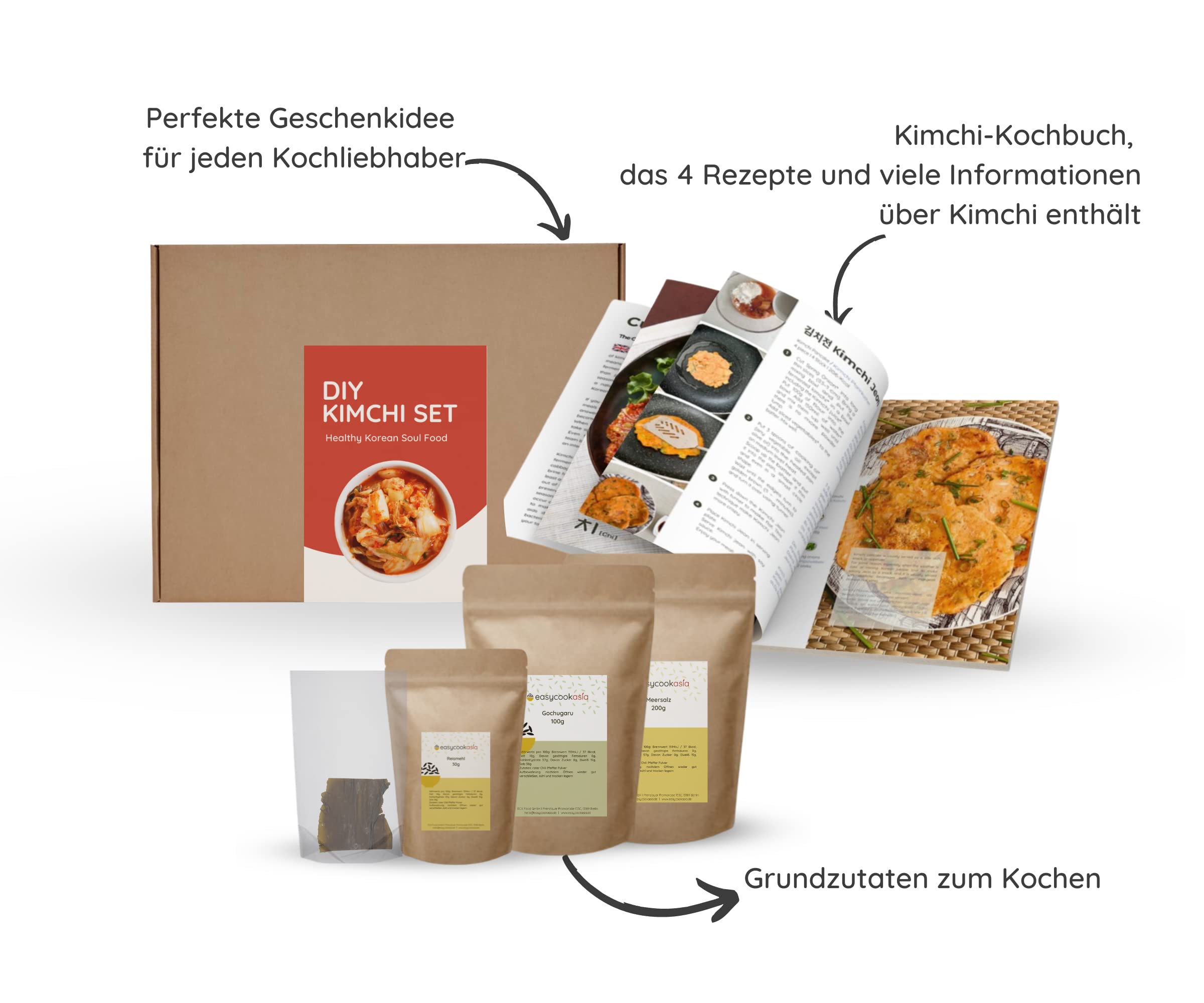 EasyCookAsia Kimchi DIY-box mit allen wichtigen asiatischen Grund-Zutaten I Speizielles Kimchi-Kochbuch inklusiv I Perfekt für Kochanfänger oder zum Verschenken