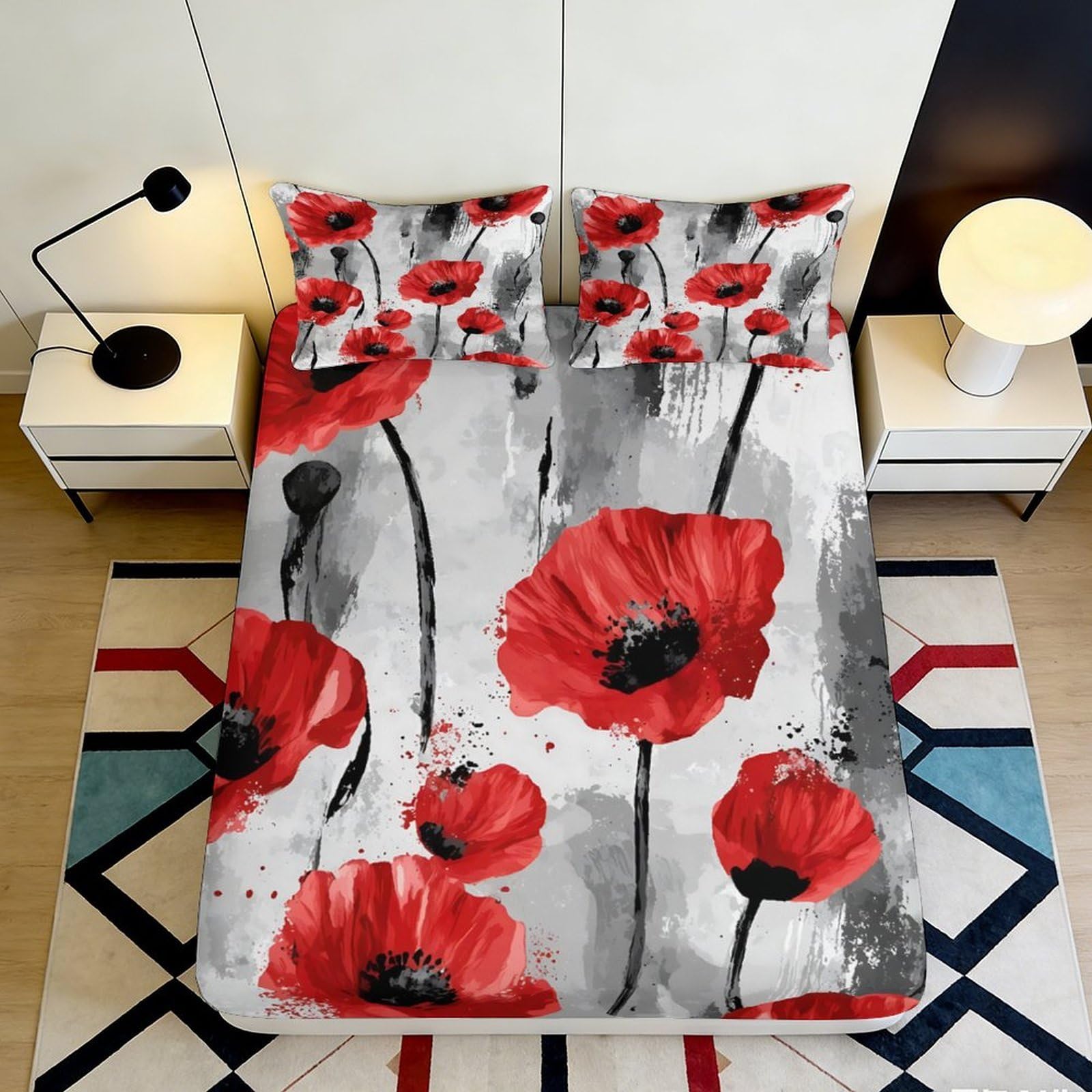 3D Printed Poppy Fitted Sheet, Microfiber Soft Touch, Red Flower Bed Sheet, Wrinkle Resistant, Home Decor, Apartment Bedding, Easy Care, Bedroom Mattress Cover, Stylish Accent, 140x200x25cm