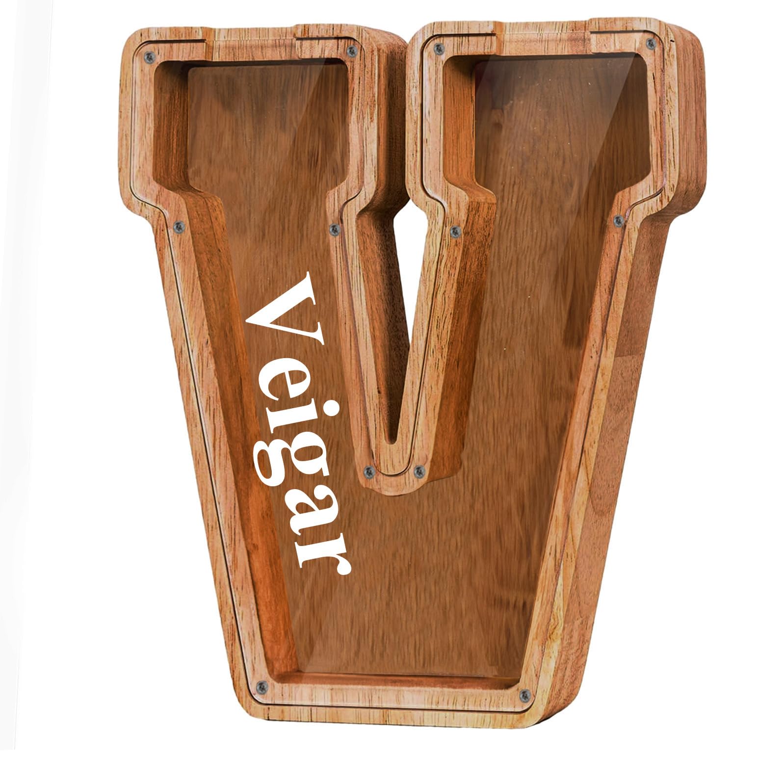 Fao Thuofyr Customized Name Large Wooden Piggy Bank for Boys Girls Alphabets Letter A-Z Coins Bills Money Change Bank Box Initial on Clear Cover (