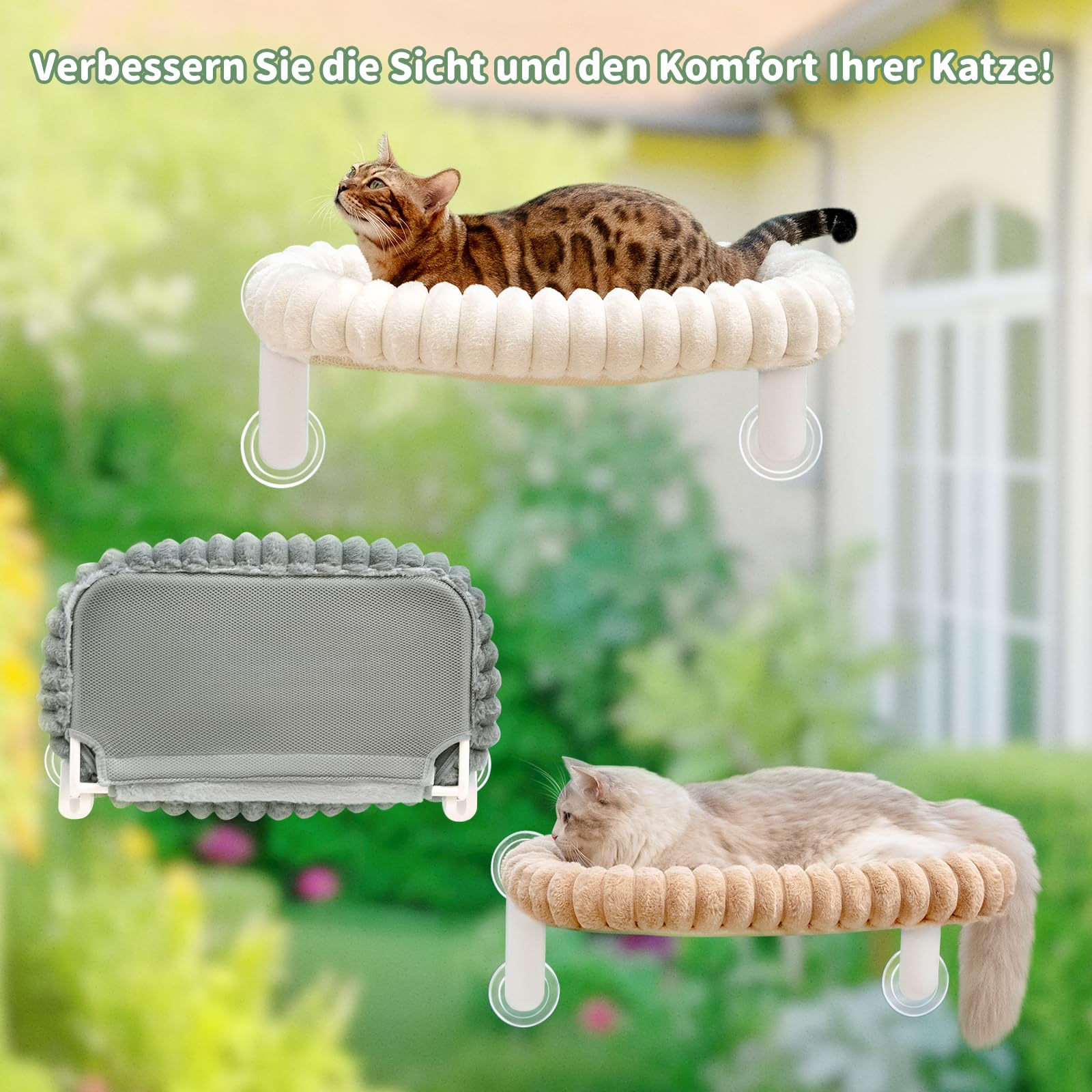 GUUSII HOME Katzen Fensterliege Faltbar Katzenbett Fenster Katzenliege Fensterbank Hängematte Saugnäpfen Fensterbrettauflage Fensterscheibe Maschinenwaschbar Weicher Plüsch 54*30cm (Helles Kamel, M)