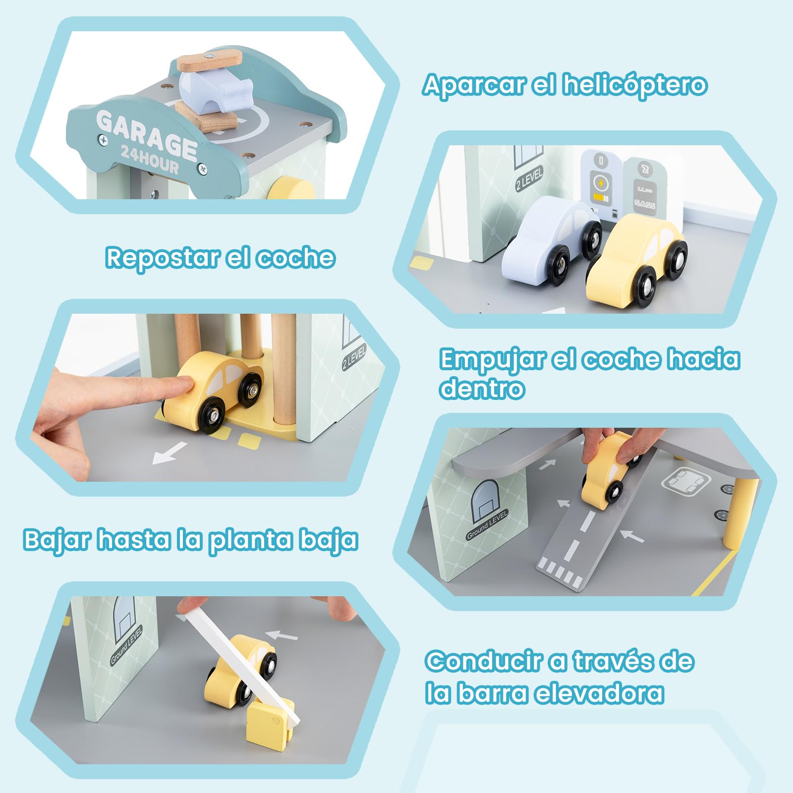 COSTWAY Parking Infantil de 3 Plantas, Garaje de Juguete de Madera con 4 Autos, Helipuerto, Gasolinera, Elevador, Lavado de Autos y Varilla Elevadora, Juguetes Educativos de Roles para Niños