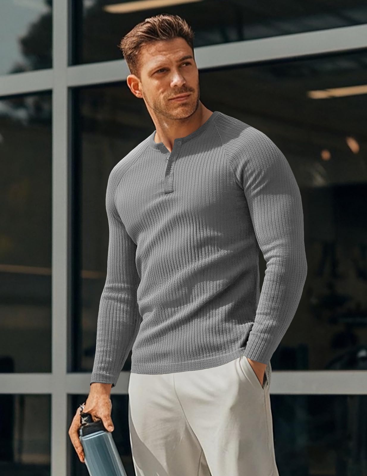 Muscle Cmdr T-Shirt Homme, Coton À Manches Courtes/Longues Henley, Casual Henley Hauts pour Fitness Tee Shirt, Noir Ou Gris, Marron, Taille L - 3