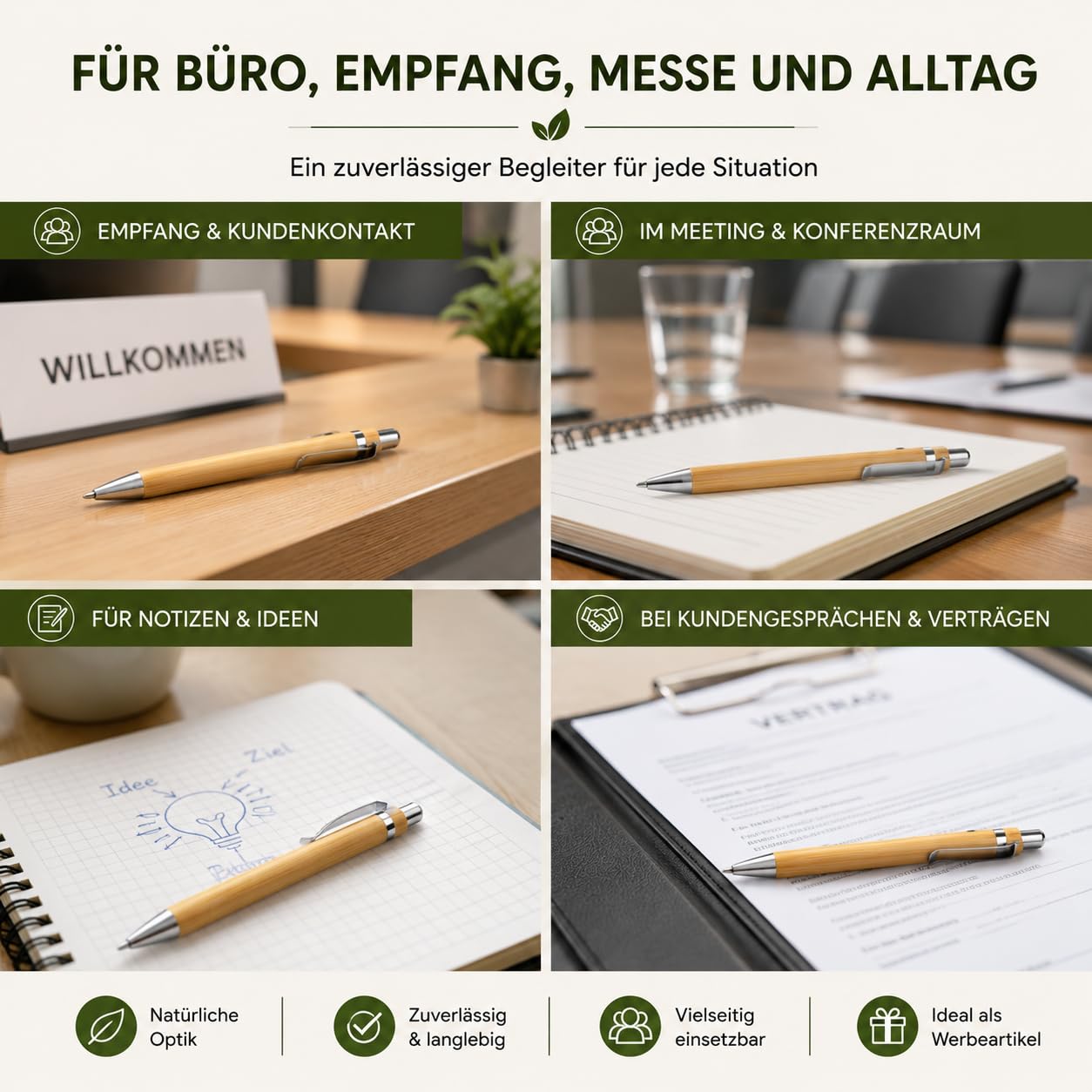 WPRO Bambus Kugelschreiber 250 Stück Set mit Druckmechanismus und blauer Mine, Bambusholz Schreibstift mit Metallclip, nachfüllbar für Büro Empfang Messe Line