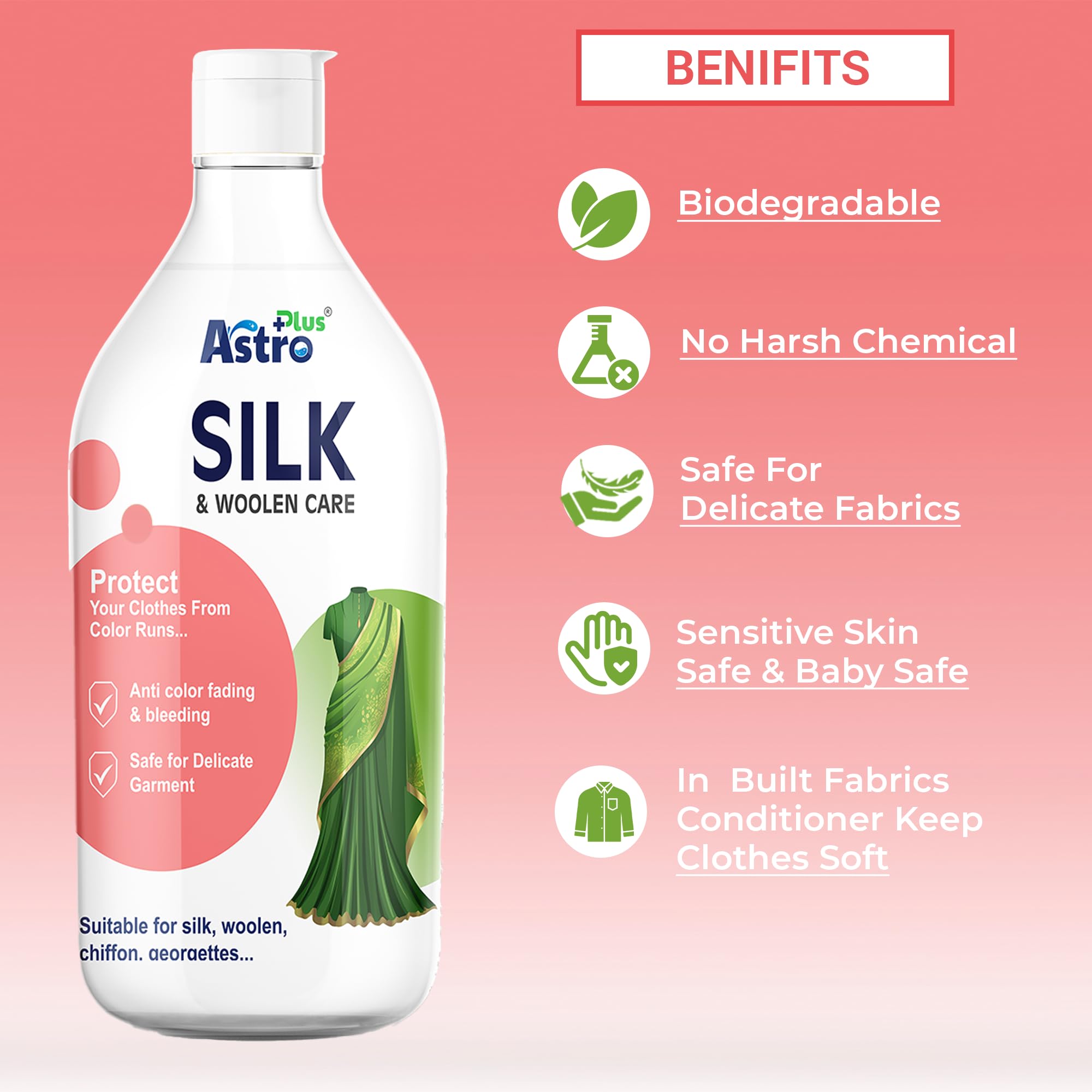 Astro Plus+ Silk & Woolen Care Washing Liquid - 500ML | Delicate Detergent for Silk Saree & Woolen Clothes Wash at Home 3