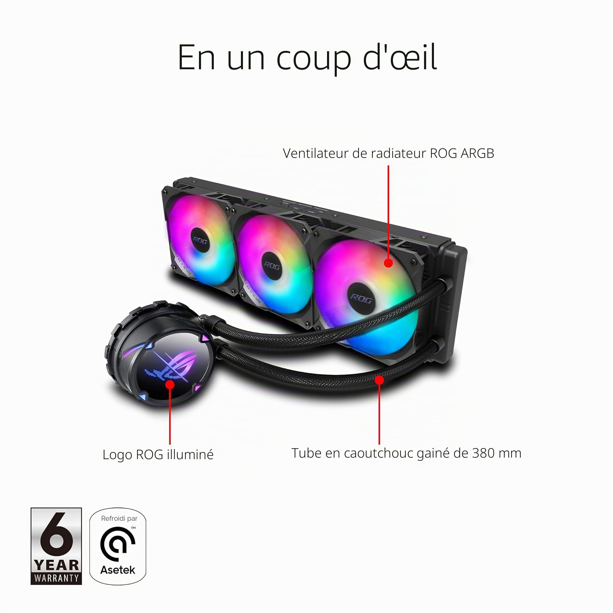 ASUS ROG Strix LC II 360 ARGB – Refroidisseur de processeur liquide tout-en-un (Aura Sync RGB, 3x ventilateurs de radiateur RGB adressables ROG 120 mm, blanc)