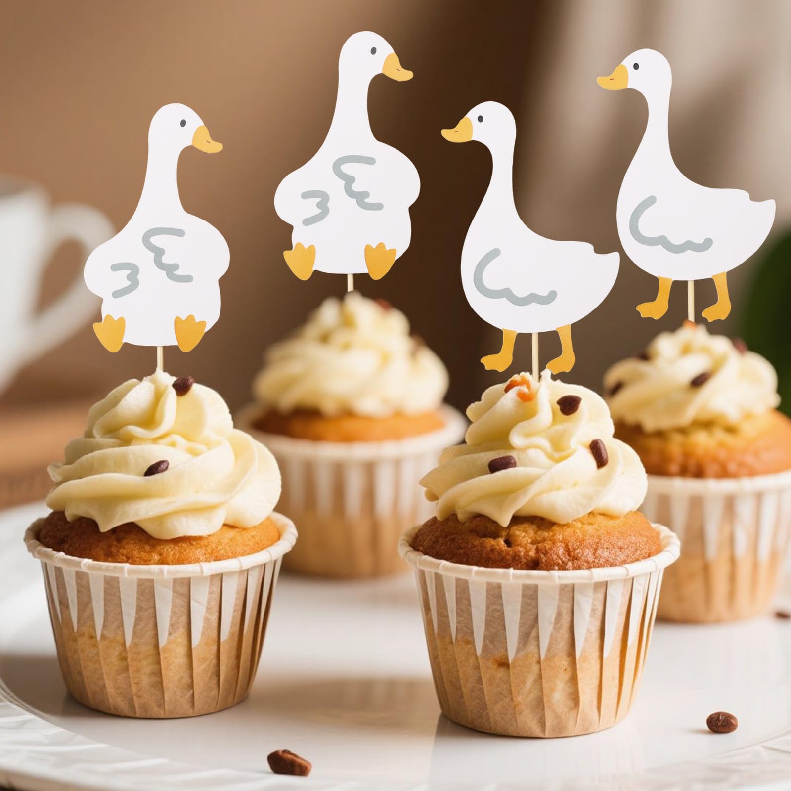 24 Pcs Silly Goose Cupcake Toppers, 2 Styles Cute White Goose Birthday Cake Decorations for Kids Birthday Party Supplies Baby Shower Animal Theme Cake Decorations