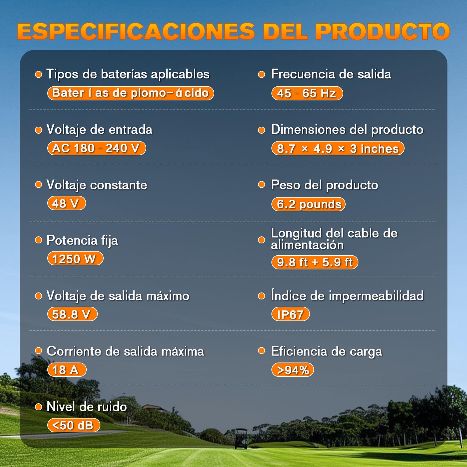 Cargador Inteligente 48V 18A para Carritos de Golf Club Car, Batería Plomo-ácido IP67