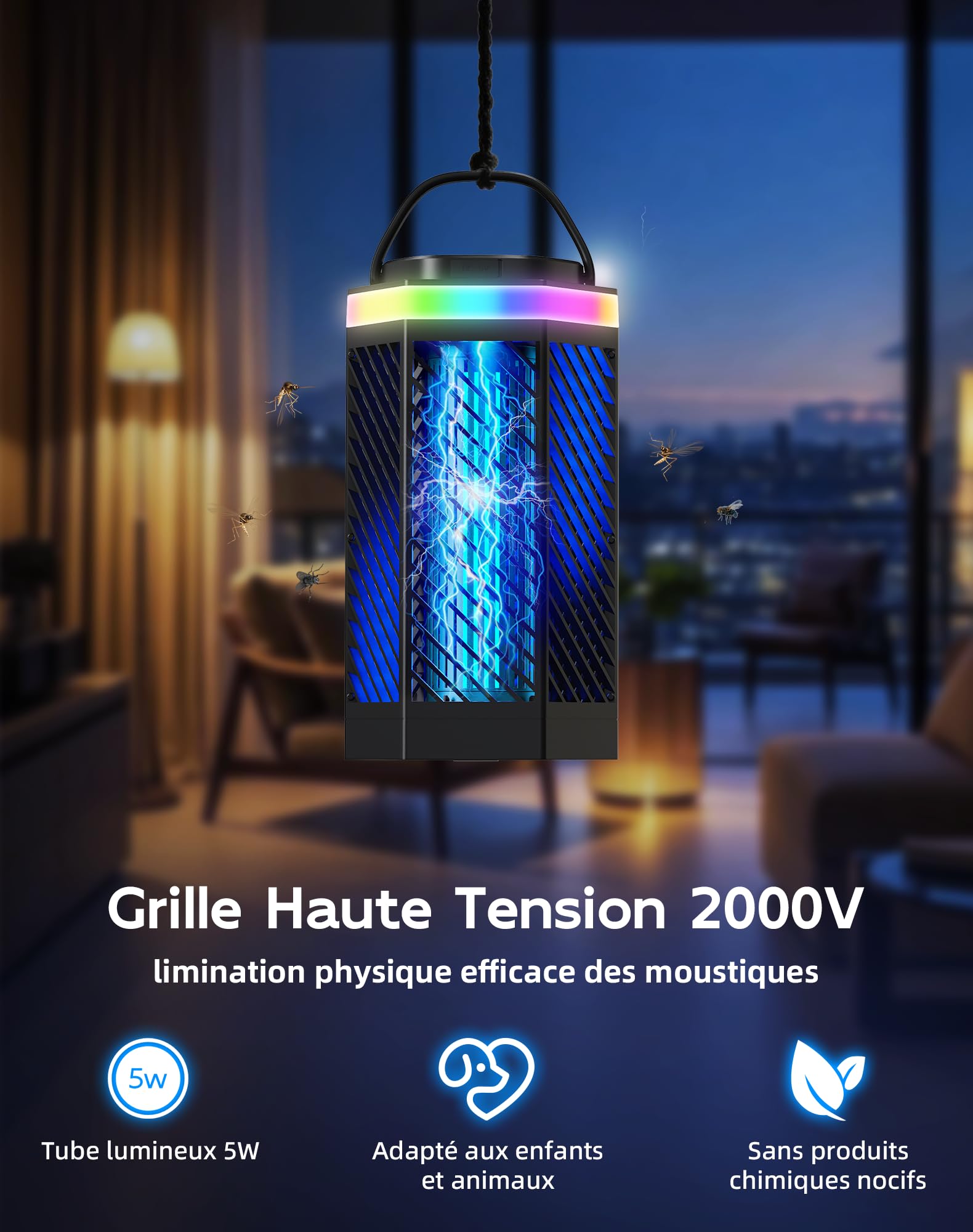 Lampe Anti-Moustique Rechargeable Tue Mouche Électrique LED 8000mAh IPX4 Destructeur d'Insectes
