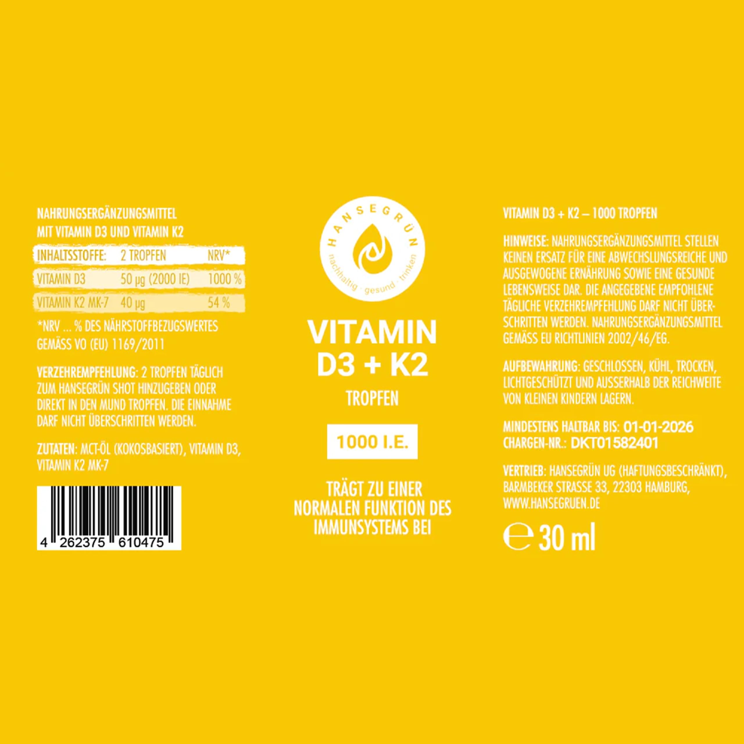 Hansegrün - 2x Vitamintropfen D3K2-30ml - Trägt zu einer normalen Funktion des Immunsystems¹ & Knochen² bei - Nur 3 Zutaten - Vegan & ohne Zusatzstoffe - Öl-Basis - Für 500 Tage