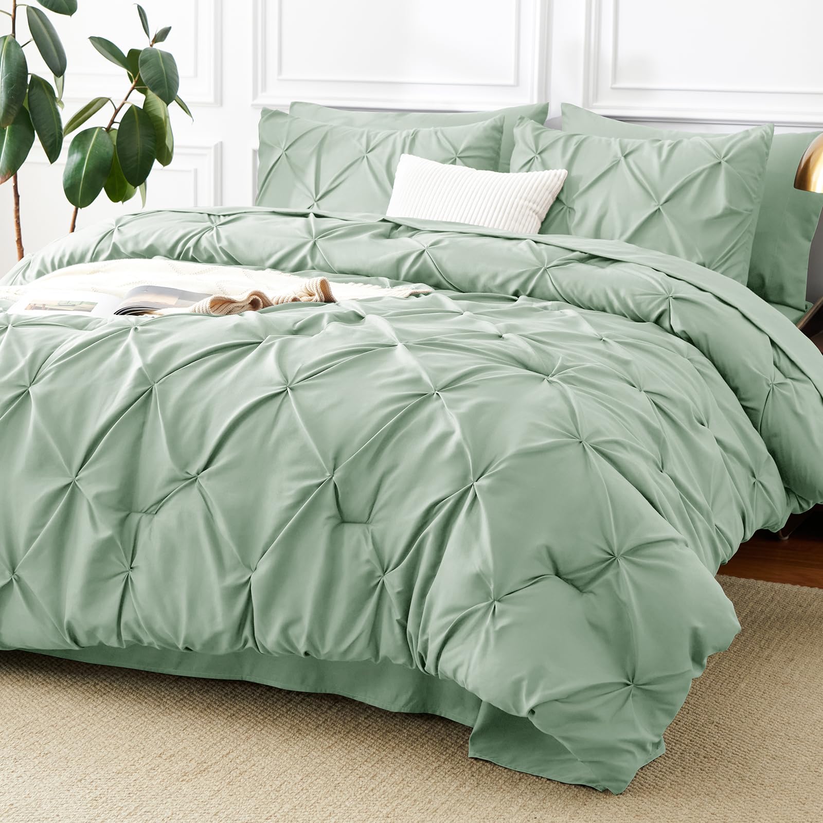 CozyLux King Size Comforter Set - 7 Pieces Comforters King Size Sage Green Pintuck Bed in A Bag Pinch Pleat Bedding Sets with All Season Comforter, Flat Sheet, Fitted Sheet and Pillowcases & Shams