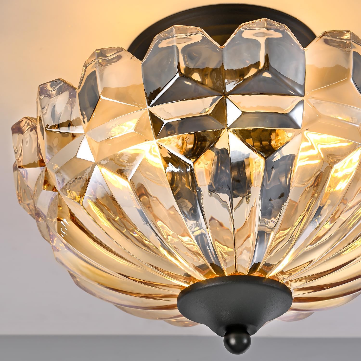 Dalouguan Semi Flush Mount Ceiling Light, 3-Light Kitchen Ceiling Lighting Fixtures with Amber Glass Lampshade, Gold Modern Chandelier for Living Room Bedroom Hallway