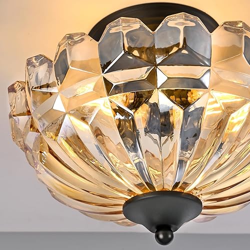 Miniatura 4 de Lámpara de Techo Semiempotrada, Accesorios de Iluminación de Techo de Cocina de 3 Luces con Pantalla de Vidrio Ámbar, Candelabro Moderno Dorado para