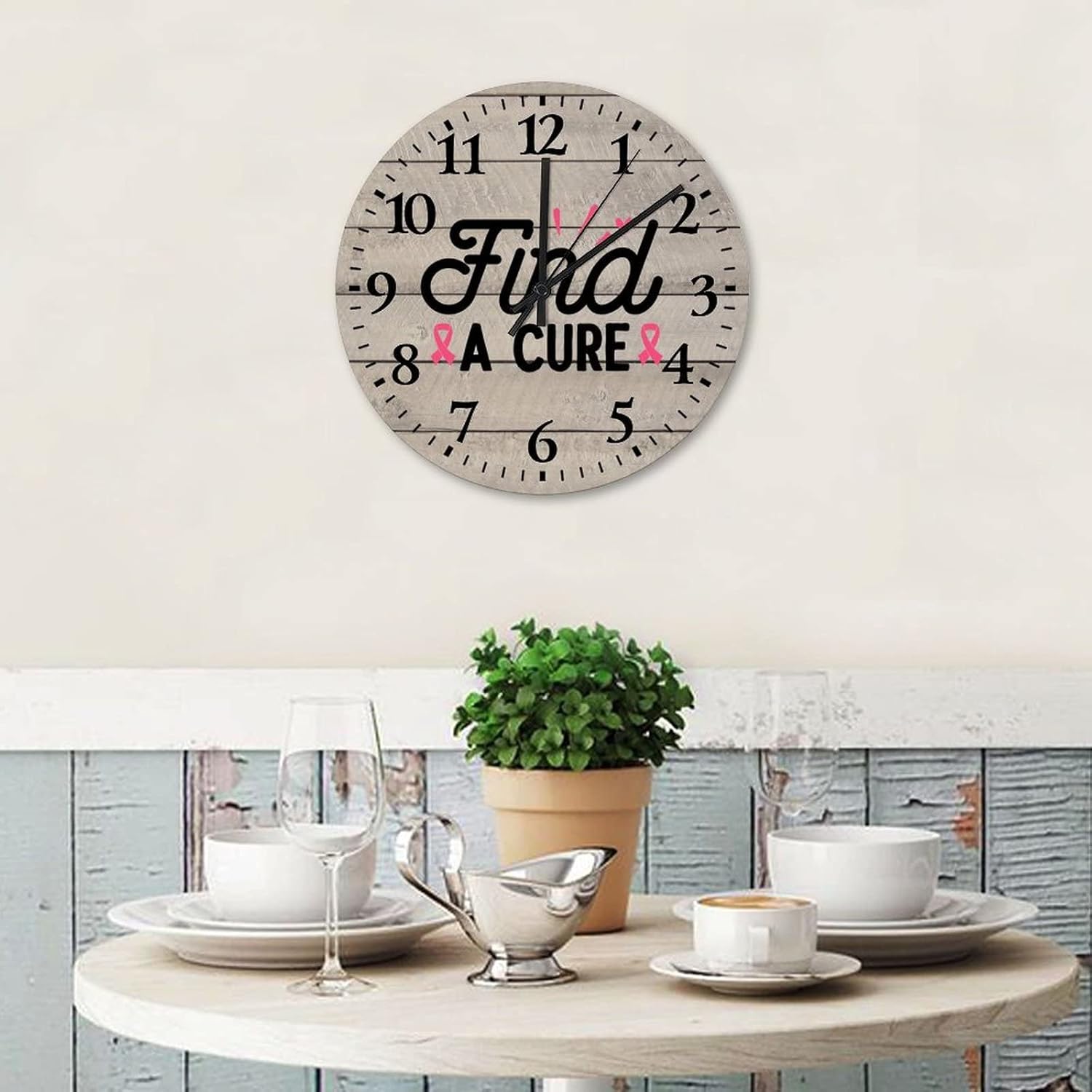 Breast Cancer Find A Cure Wall Clocks 15 Inch, Breast Cancer Survivor Rustic Wood Wall Clock Silent Non Ticking Round Arabic Numbers Clock for Home/Office/Kitchen Decor