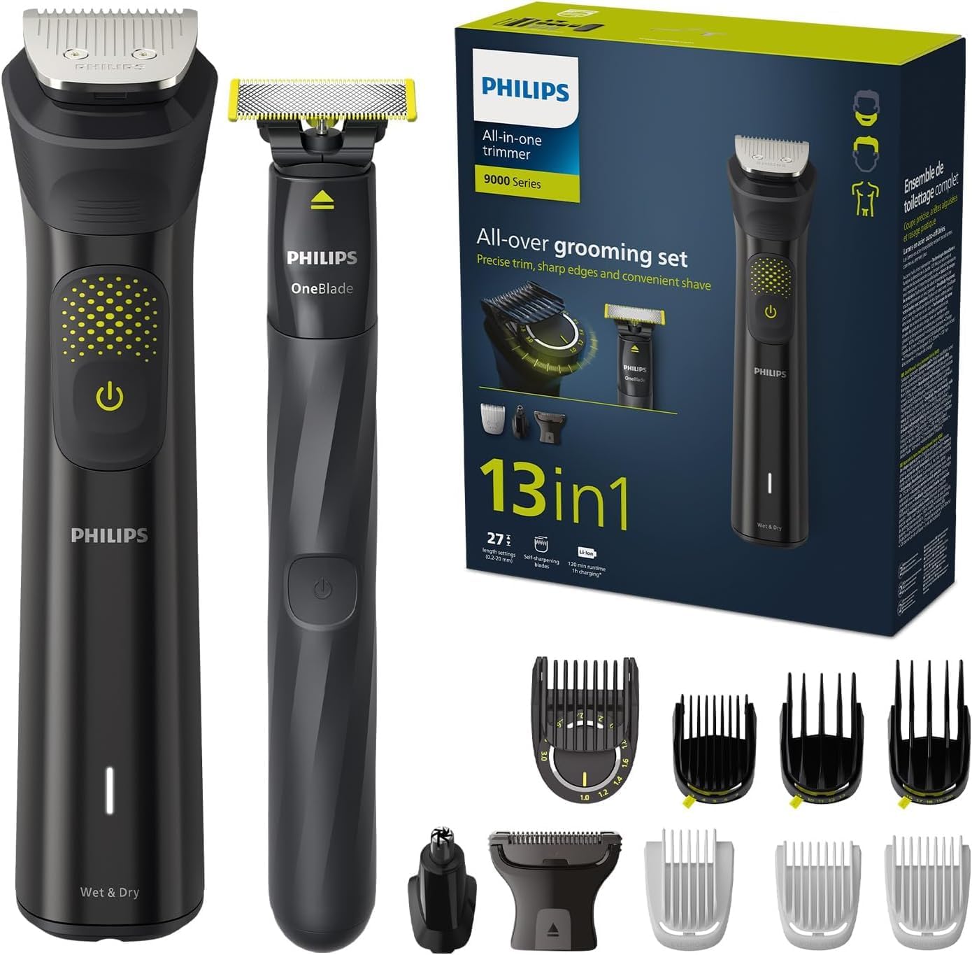 Philips Series 9000 13-in-one Trimmer + OneBlade, All-Over Grooming Set, Precise Trim, Sharp Edges, Convenient Shave, 27 Length Settings (0.2-20 mm) (Model MG9530/15)