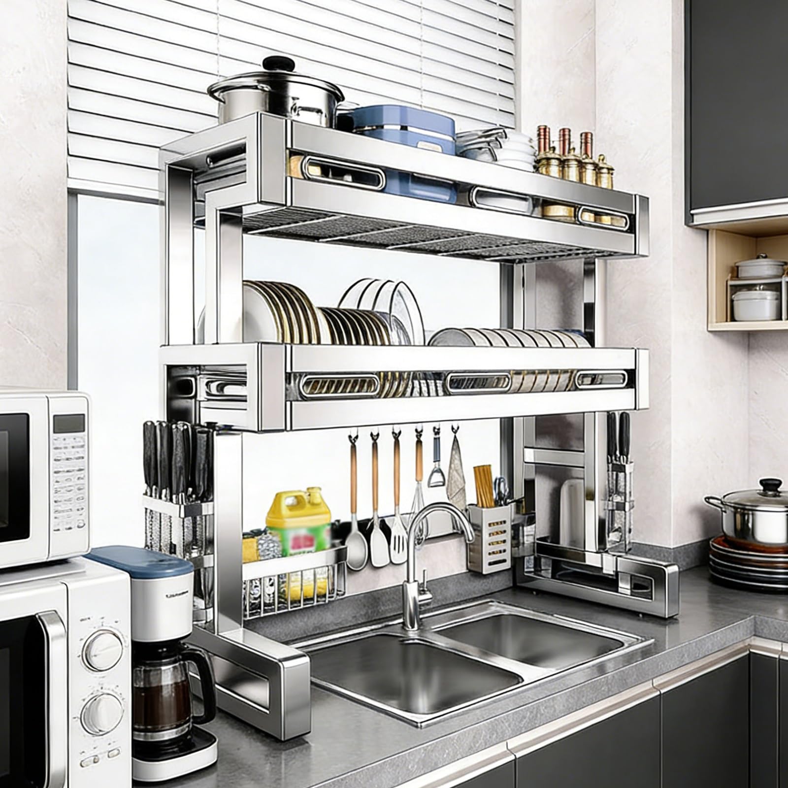 Escurridor de platos – Estante de almacenamiento de metal sobre el fregadero para platos, vasos, cuencos y cubiertos – Organizador de encimera que ahorra espacio – 26 pulgadas