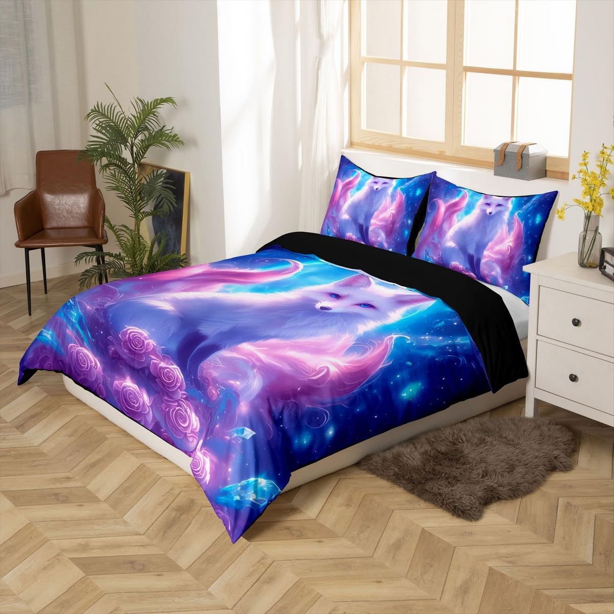 Homewish Fox Bedding Sets Toddler Size,White Wild Animal Blue Galaxy Reversible Duvet Cover 2Pcs for Kids Bedroom,Moon Stars Pink Rose Floral Quilt Cover,1 Pillowcase (No Comforter)